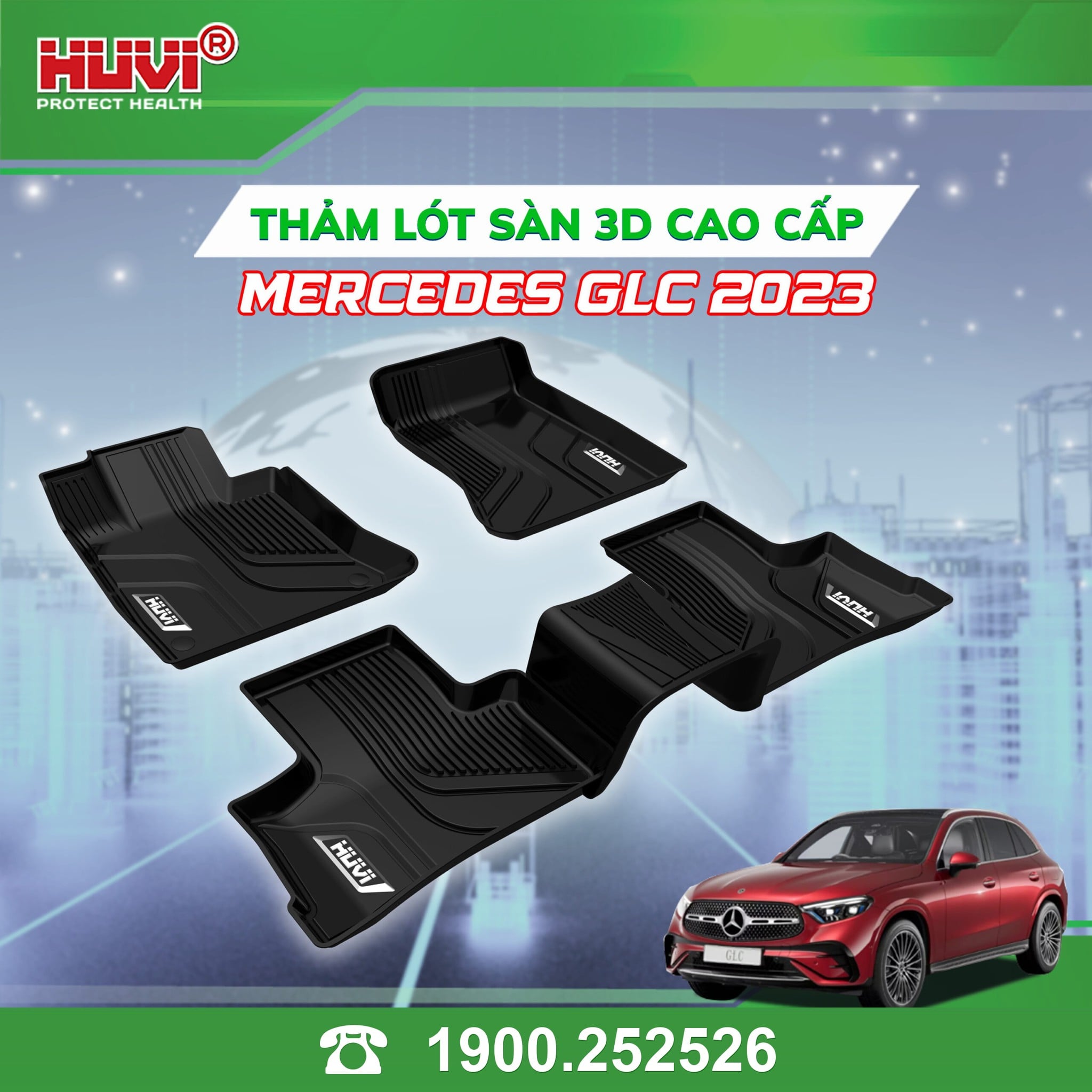 Poster Huvi thảm sàn 3D cao cấp Mercedes GLC 2023: bộ 3 tấm có vách dựng, logo Huvi