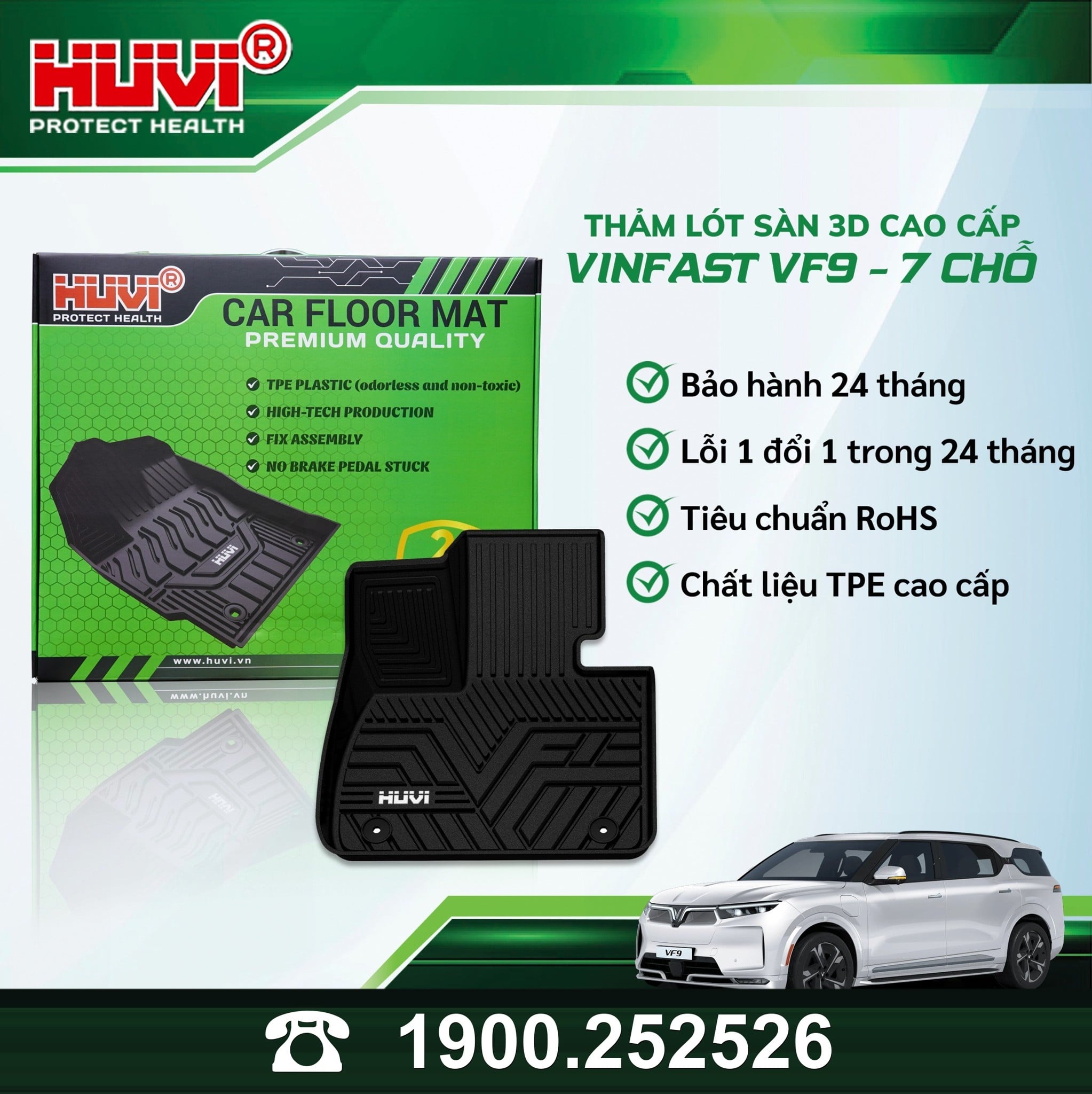 Hộp thảm 3D Huvi VF9 7 chỗ: bảo hành 24 tháng, lỗi 1 đổi 1, tiêu chuẩn RoHS, TPE