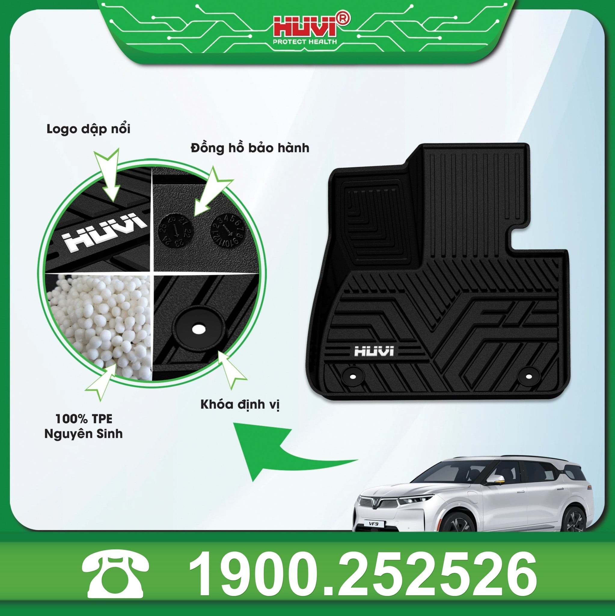 Tấm ghế lái Huvi VF9: logo dập nổi, đồng hồ bảo hành, hạt TPE và khóa định vị