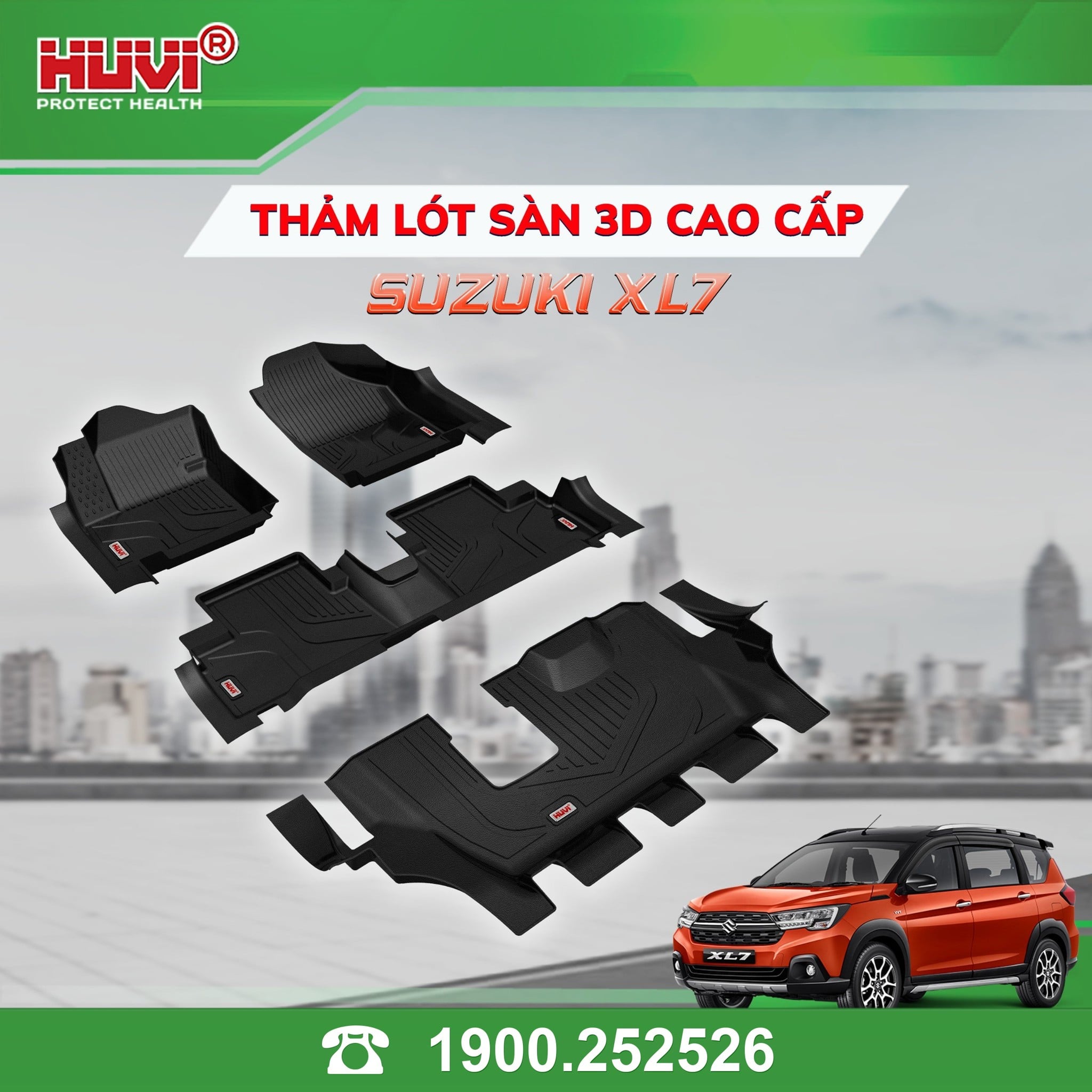 Thảm lót sàn 3D Huvi cho Suzuki XL7, 4 miếng khay TPE cho 3 hàng ghế