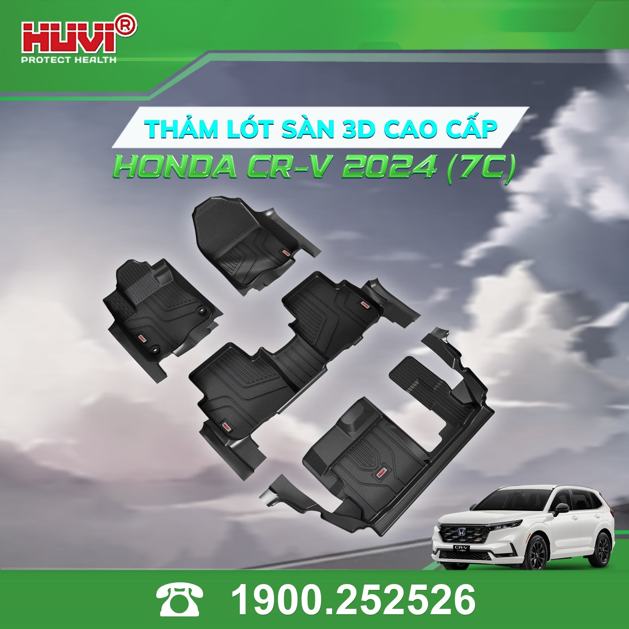 Thảm lót sàn ô tô Huvi Honda CRV 2024 (7 chỗ) đúc khuôn TPE tràn viền bậc cửa