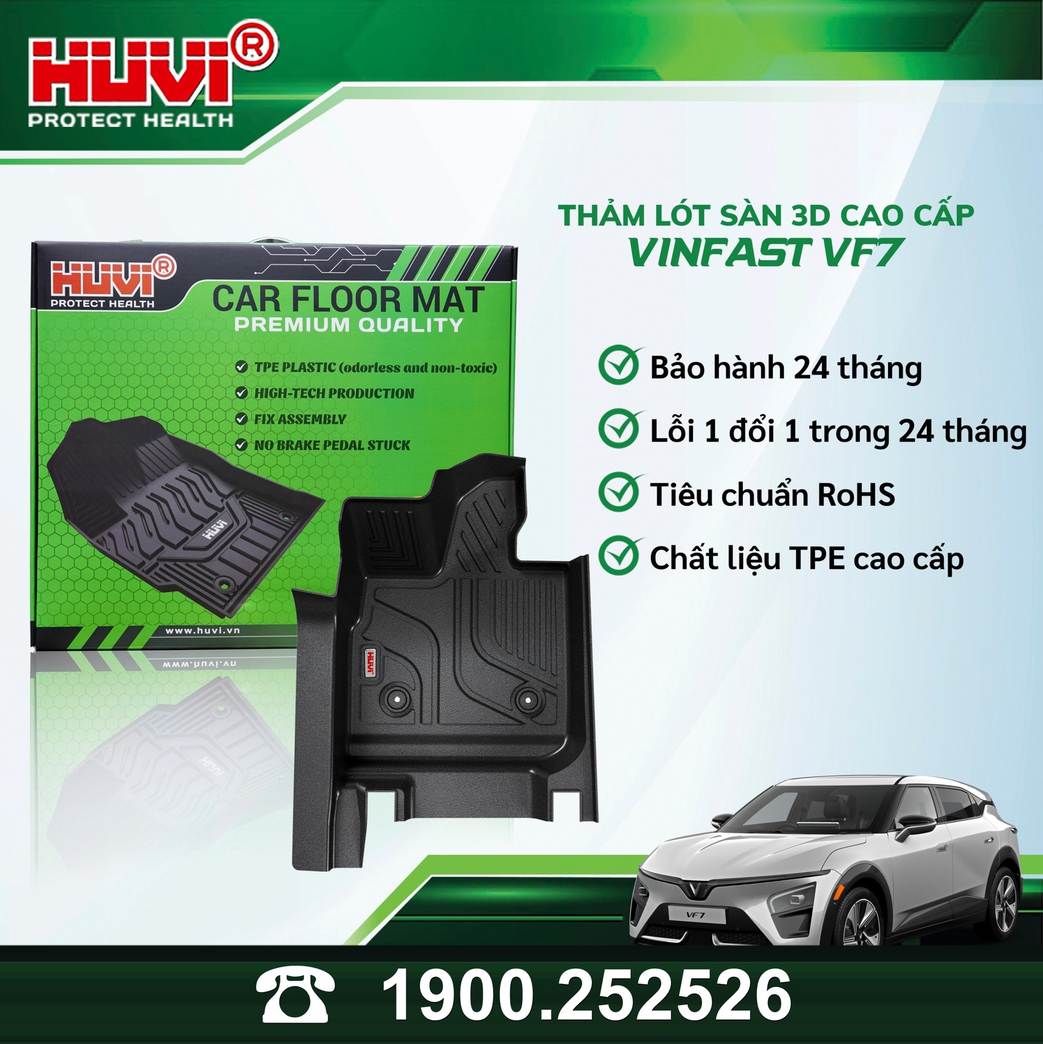 Hộp thảm 3D cao cấp Huvi cho VinFast VF7: bảo hành 24 tháng, lỗi 1 đổi 1, tiêu chuẩn RoHS