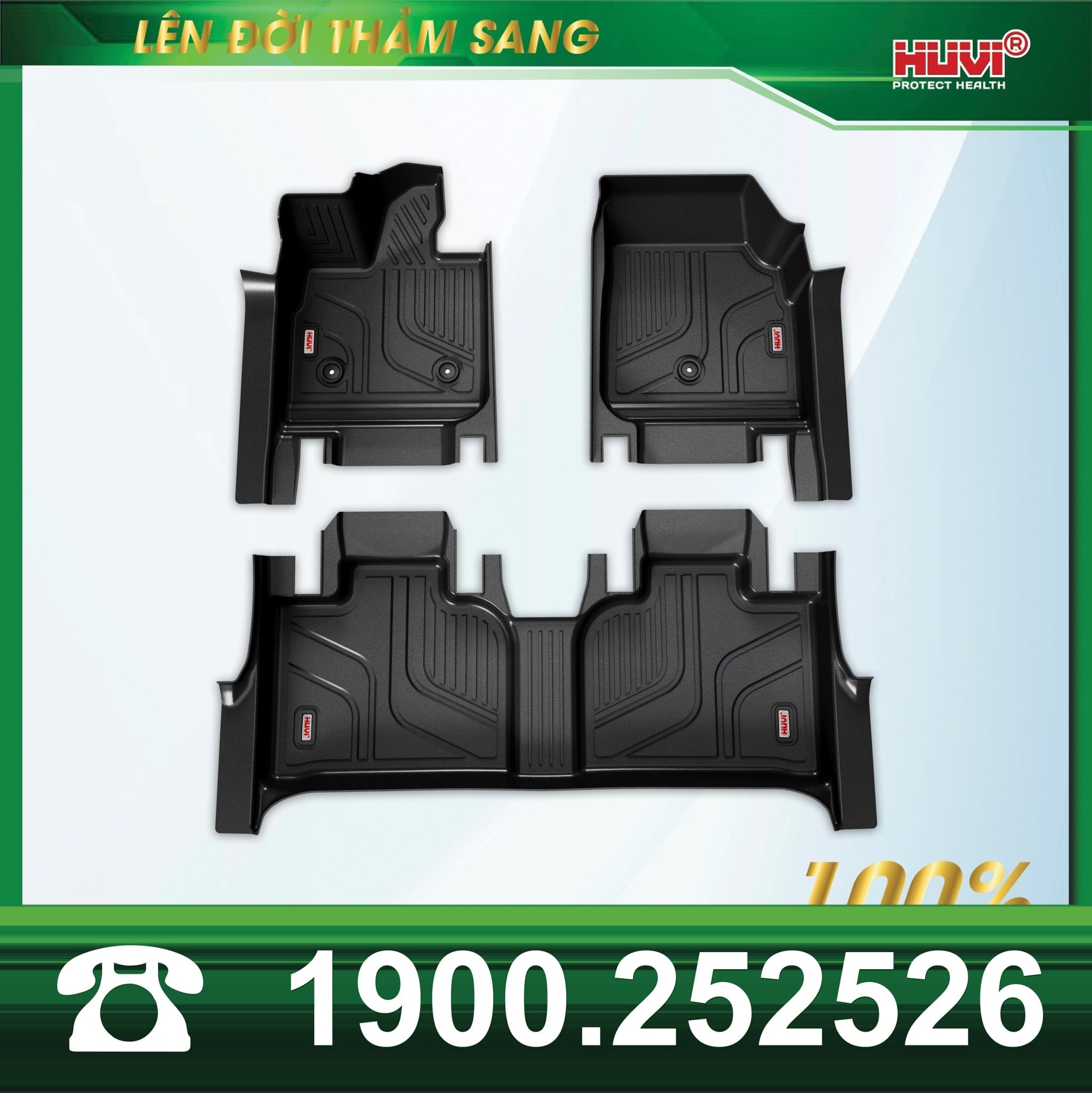 Bố cục 3 miếng thảm Huvi VF7: 2 tấm hàng trước và tấm liền hàng 2 có logo Huvi