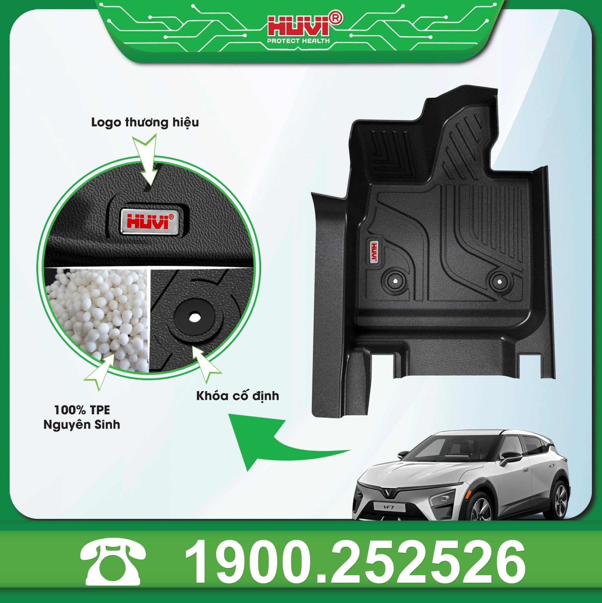 Tấm ghế lái Huvi VF7: logo thương hiệu, hạt TPE nguyên sinh và khóa cố định thảm