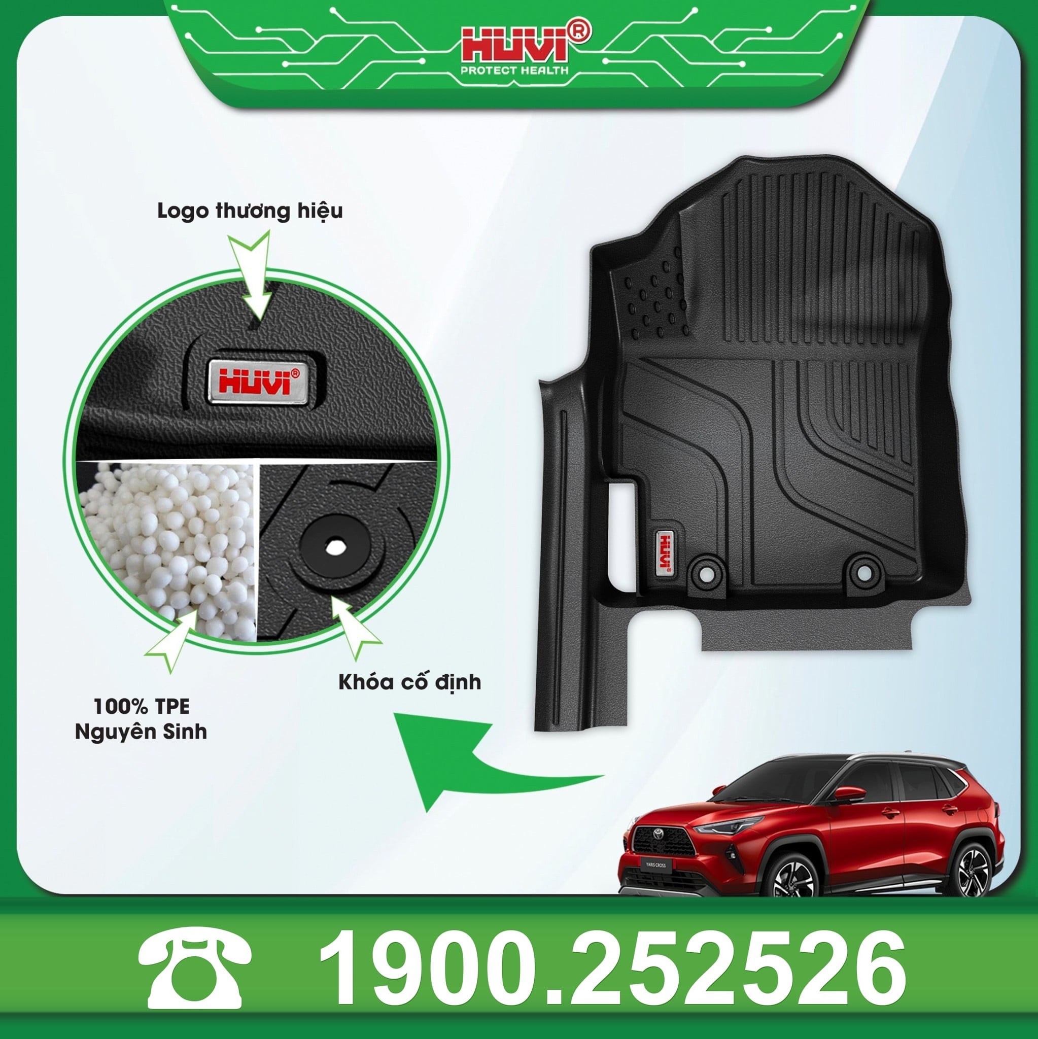 Chi tiết thảm Huvi Yaris Cross: logo thương hiệu, hạt TPE nguyên sinh và khóa cố định