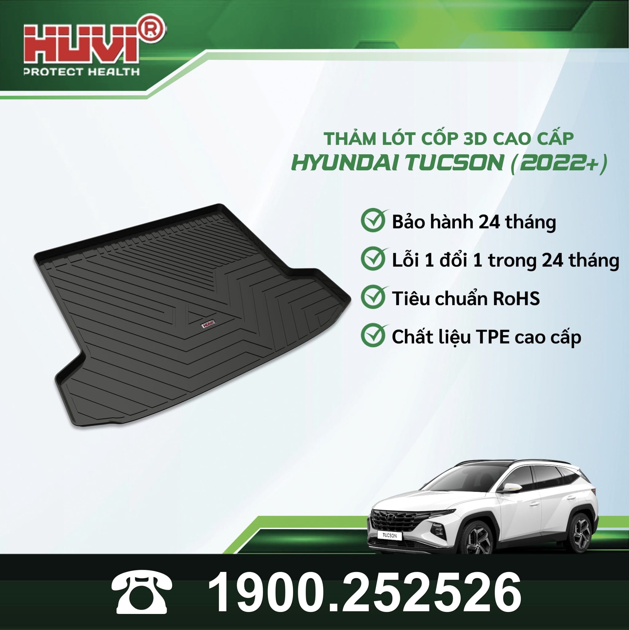 Poster Huvi lót cốp 3D Hyundai Tucson 2022+: bảo hành 24 tháng, lỗi 1 đổi 1, chuẩn RoHS