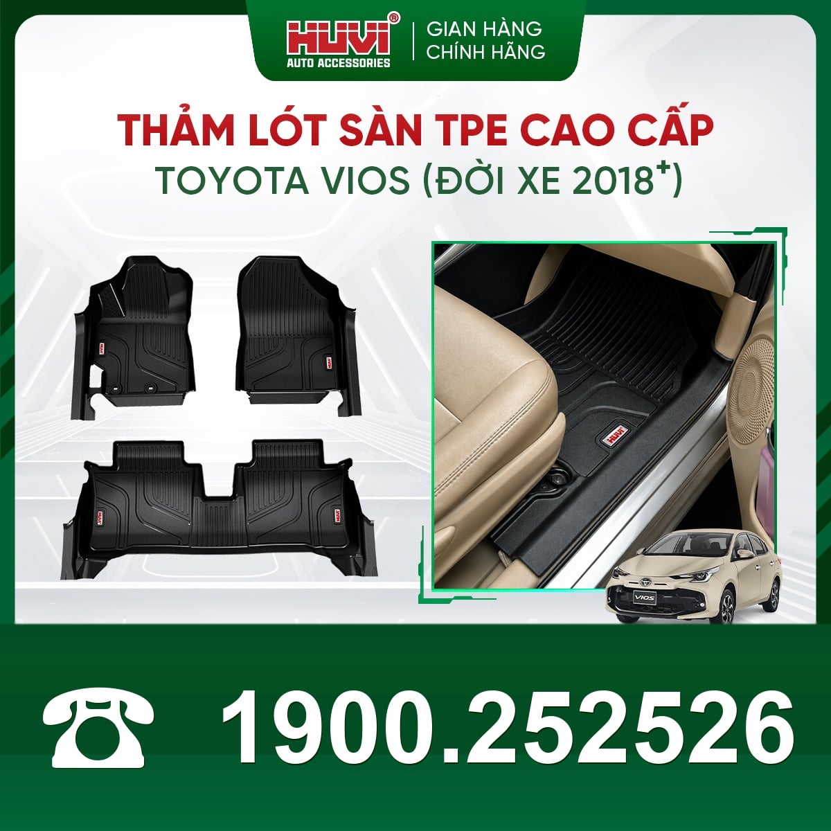 Thảm lót sàn ô tô Huvi Toyota Vios 2021-2025 đúc khuôn TPE tràn viền bậc cửa