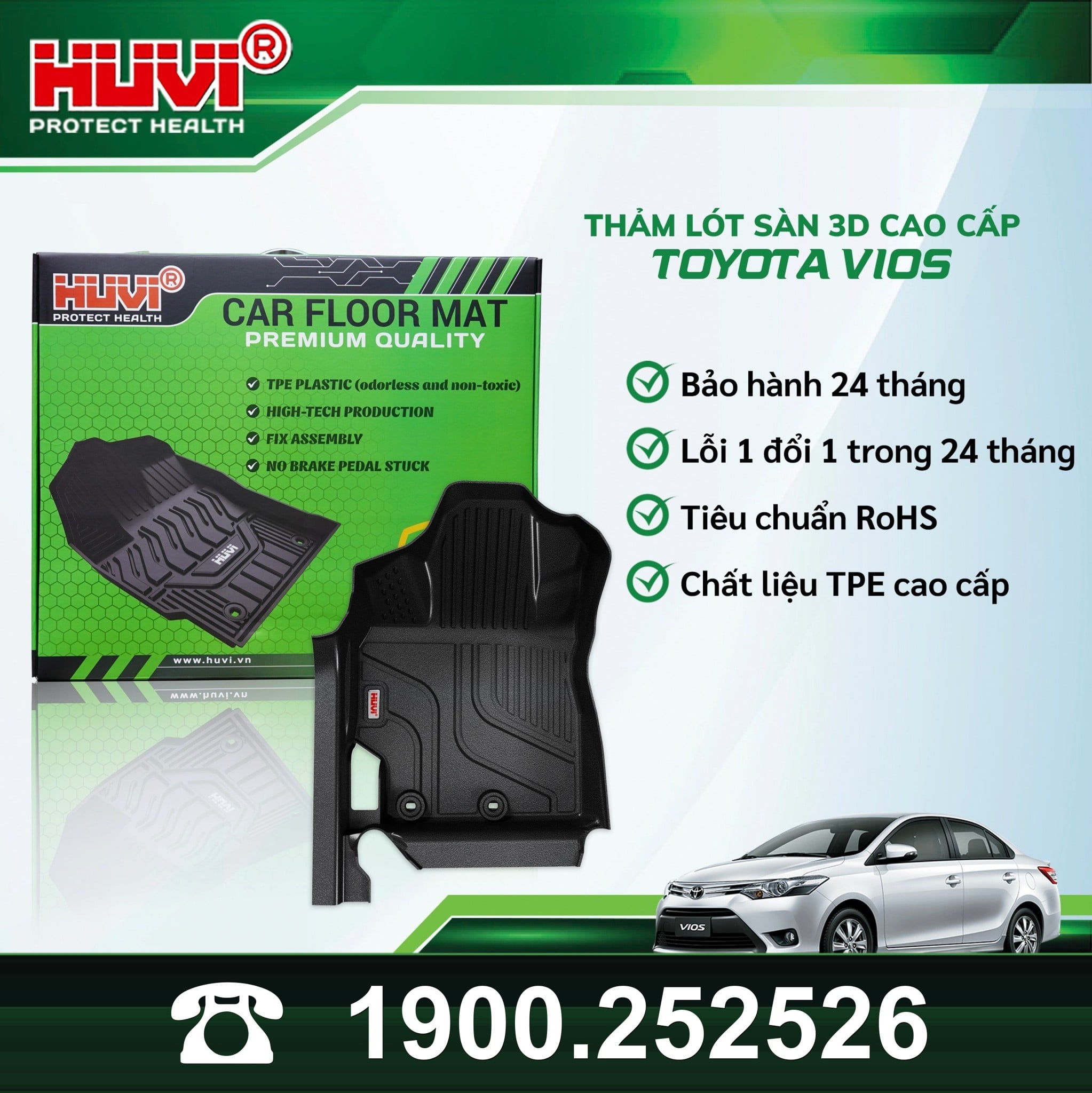 Thảm lót sàn ô tô Huvi Toyota Vios 2021-2025 khóa chống trượt cố định sàn xe