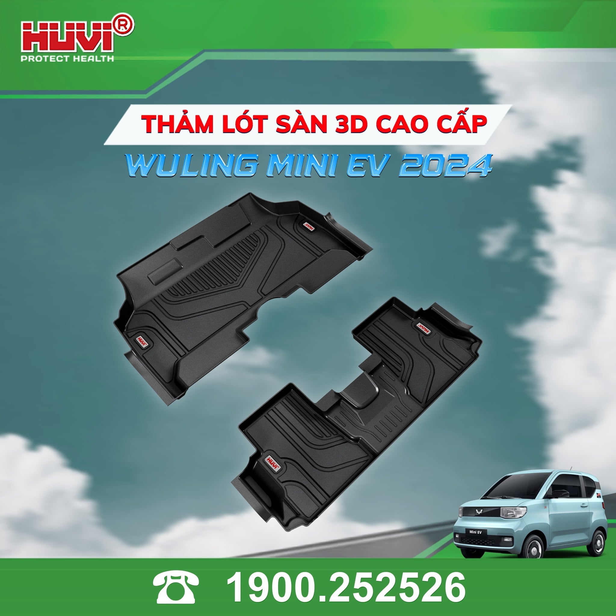 Thảm lót sàn 3D Huvi cho Wuling Mini EV, 2 miếng TPE hàng trước và hàng sau