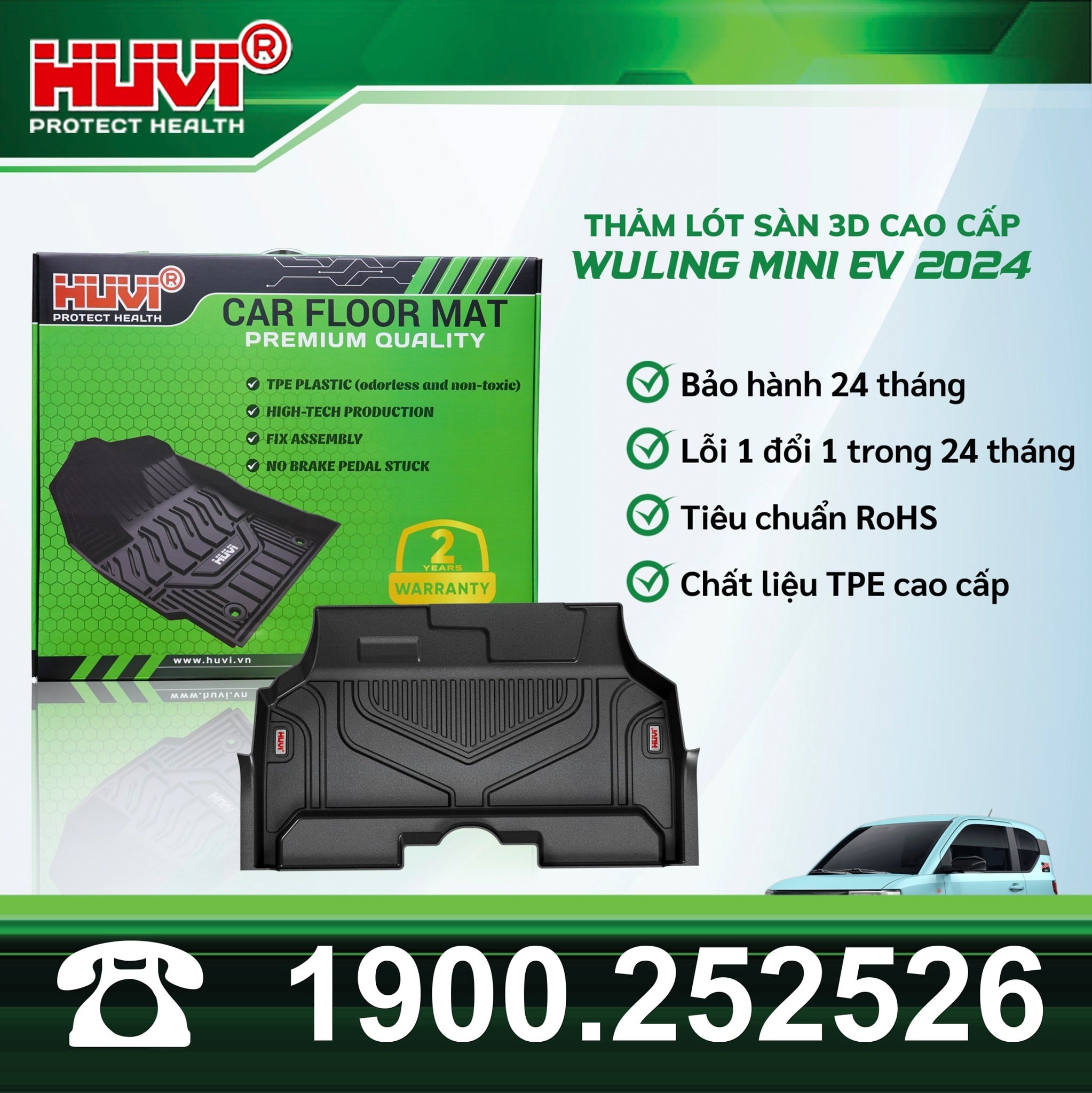 Hộp thảm Huvi cho Wuling Mini EV, ghi bảo hành 24 tháng, lỗi 1 đổi 1, chất liệu TPE, RoHS