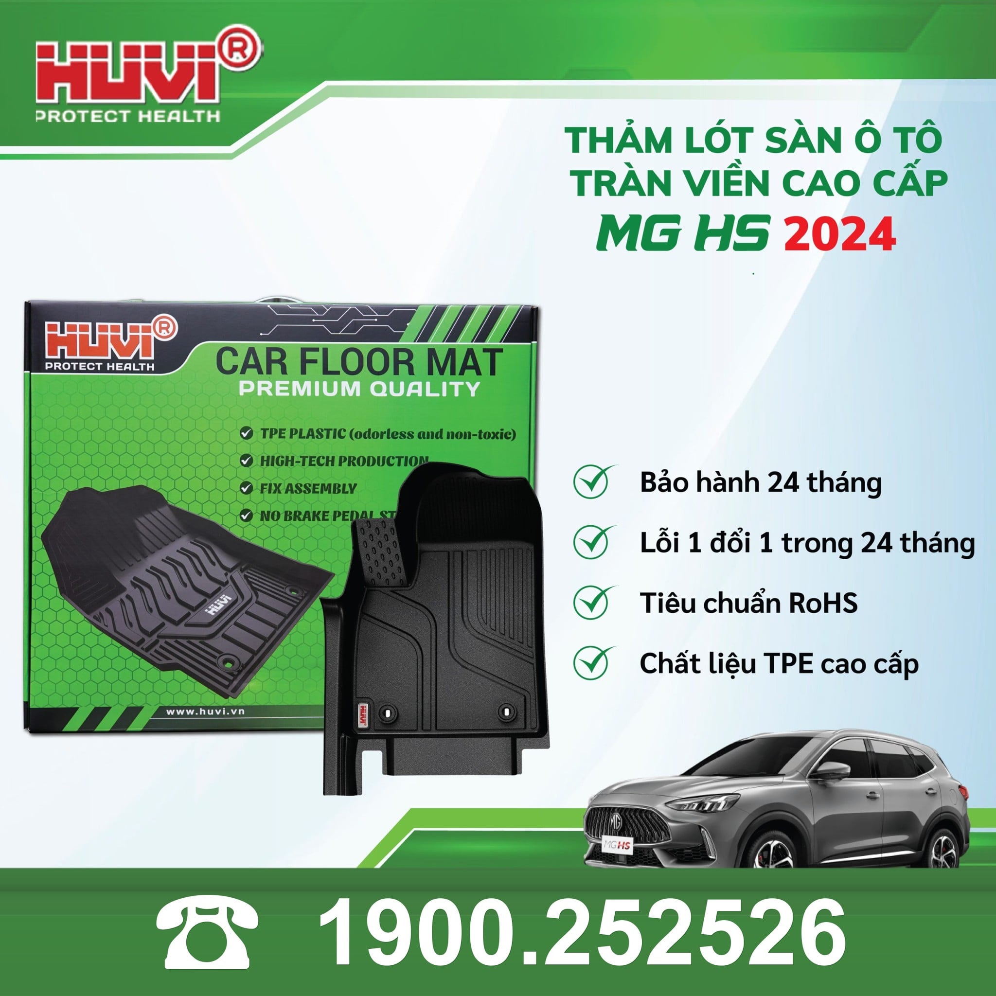 Thảm lót sàn ô tô Huvi MG HS 2024 đúc khuôn TPE tràn viền bậc cửa
