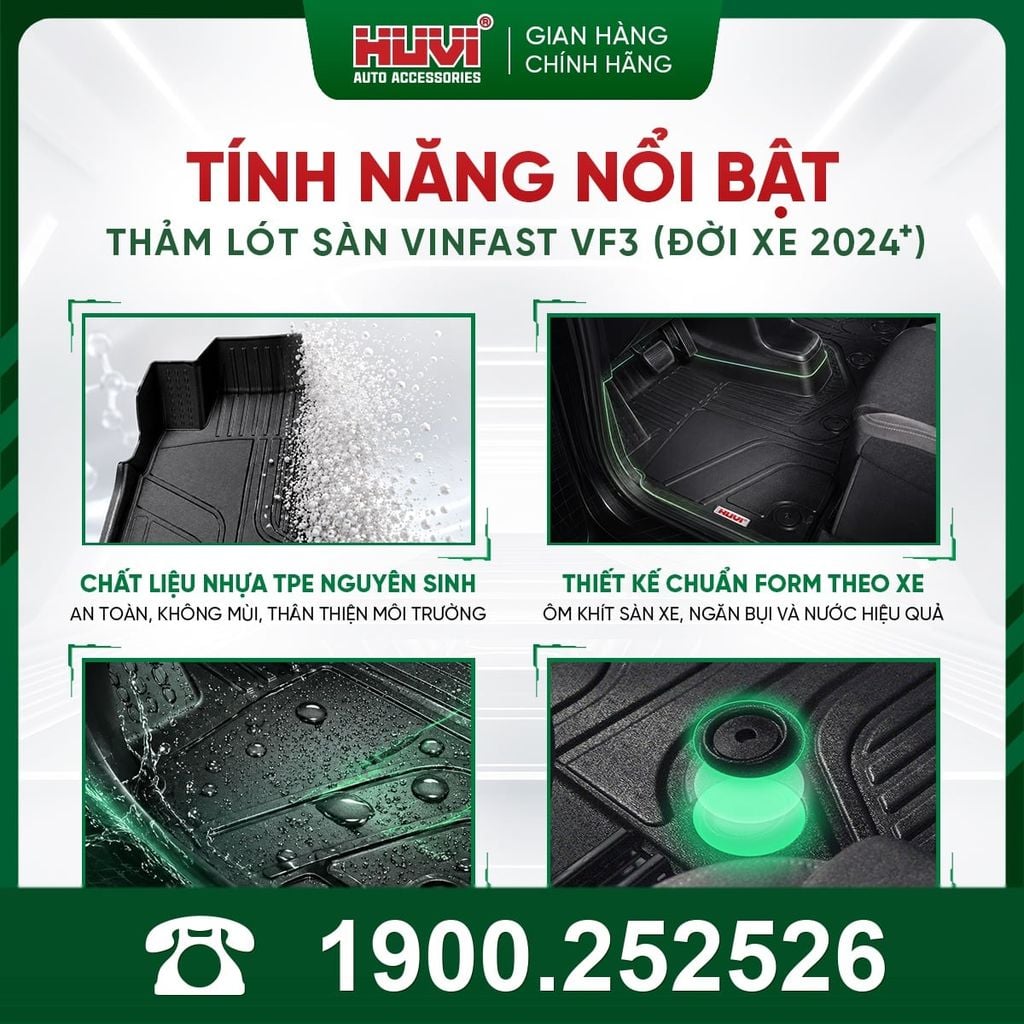 Thảm Lót Sàn Ô Tô Huvi VinFast VF3 2024 - Tràn Viền Bậc Cửa, Nhựa TPE Cao Cấp