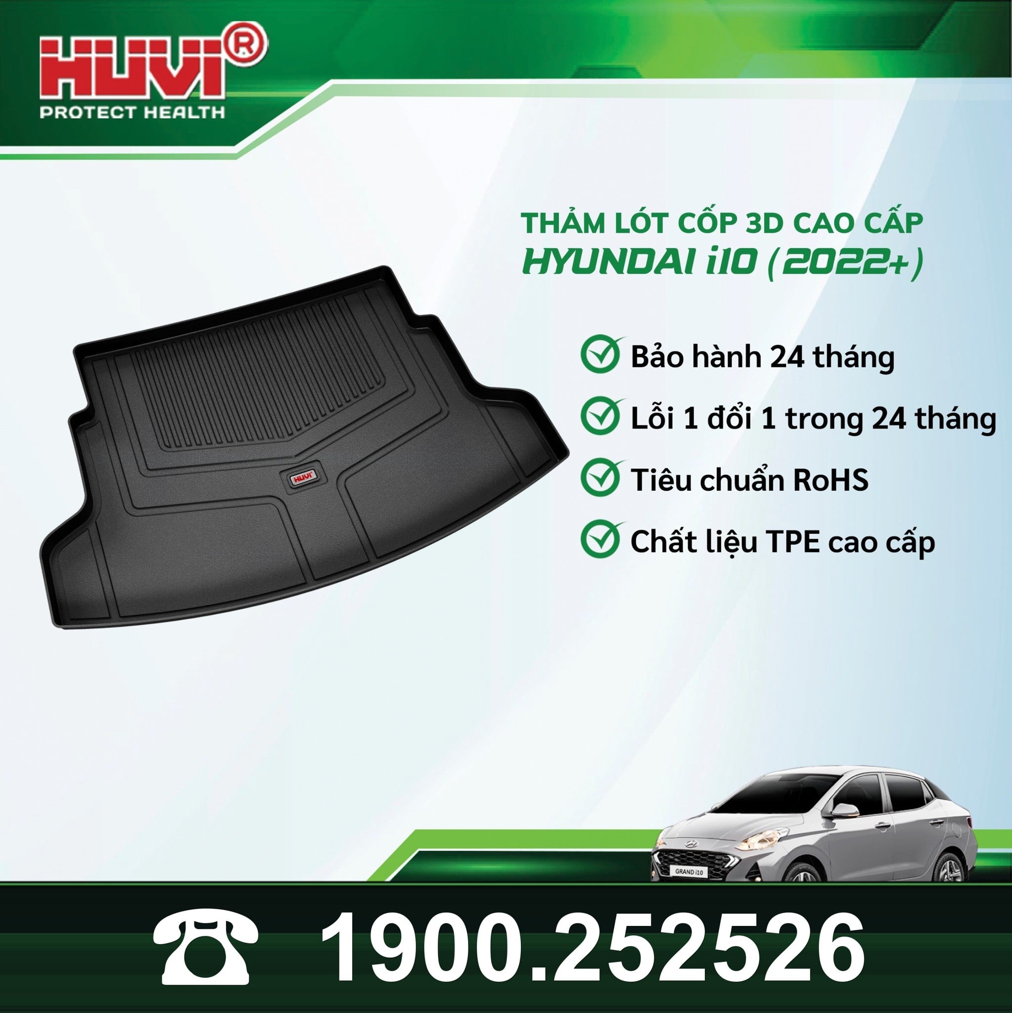 Poster Huvi lót cốp 3D Hyundai i10 2022+ bản sedan: bảo hành 24 tháng, lỗi 1 đổi 1, RoHS