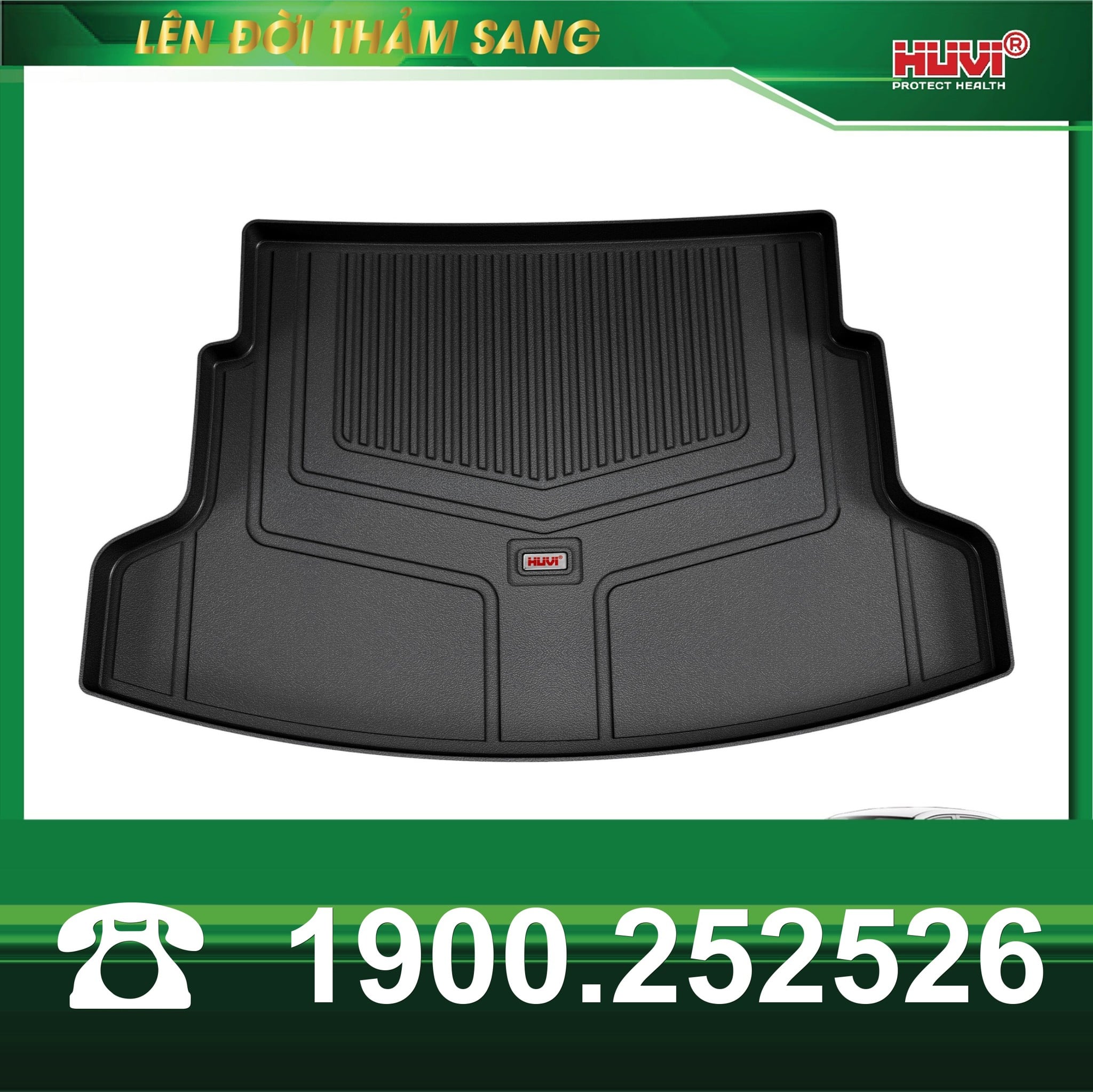 Lót cốp Huvi TPE cho Hyundai i10 2022-2024 nhìn từ trên: rãnh dọc, logo giữa khay