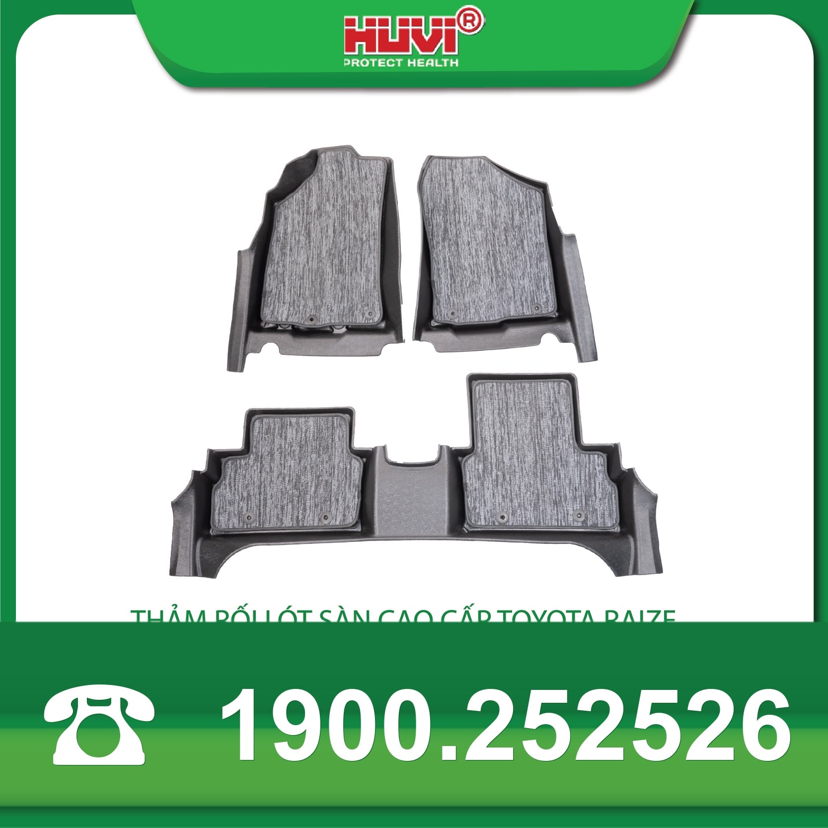 Thảm rối PVC màu xám Huvi đặt trên thảm sàn Toyota Raize, phủ 3 vị trí