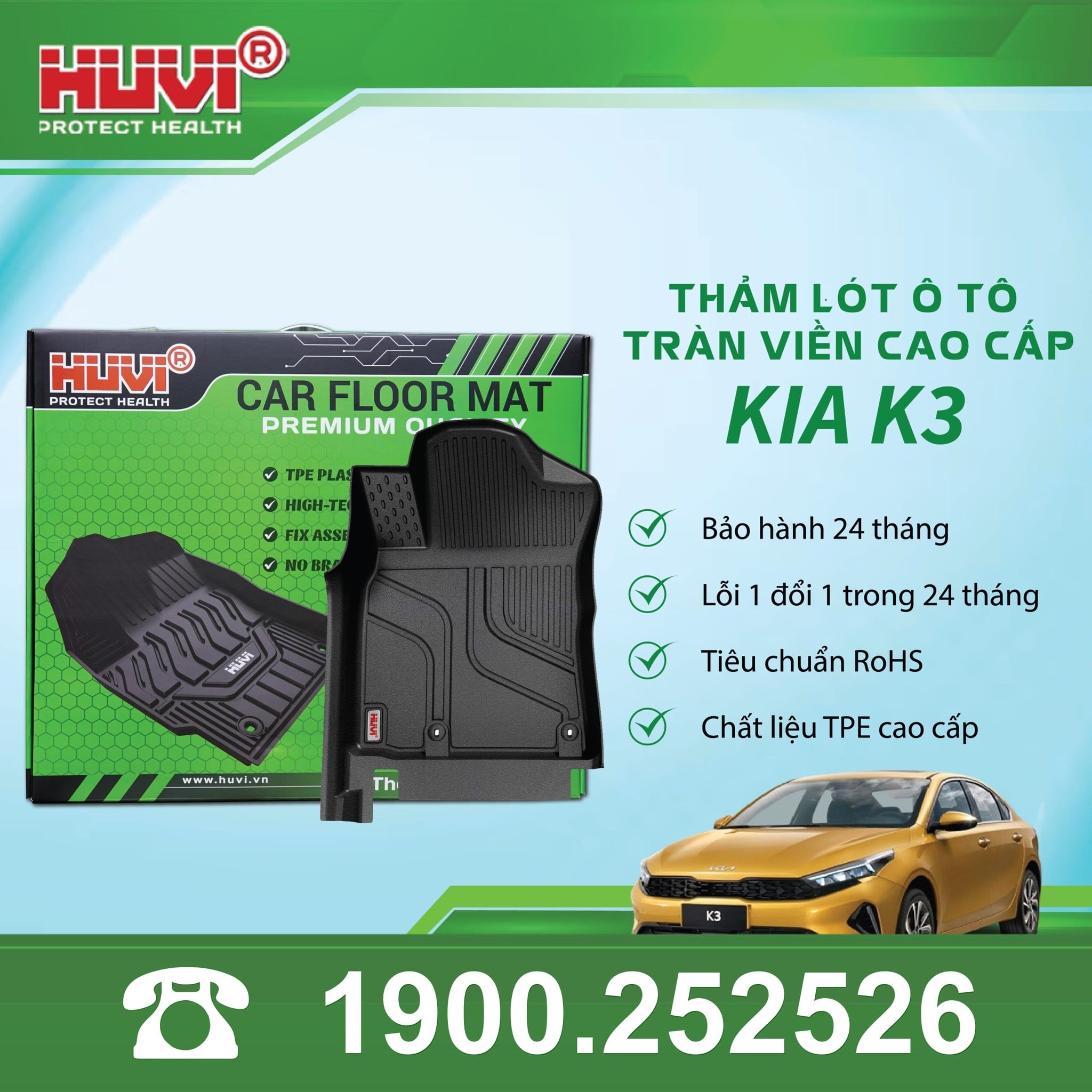 Thảm lót sàn ô tô Huvi Kia K3 2021-2025 đúc khuôn TPE tràn viền bậc cửa