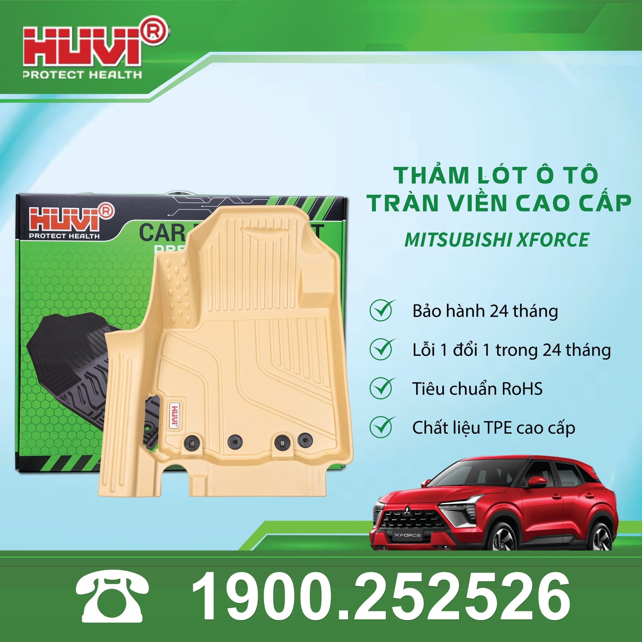 Poster Huvi thảm tràn viền Mitsubishi Xforce màu be: TPE, RoHS, bảo hành 24 tháng