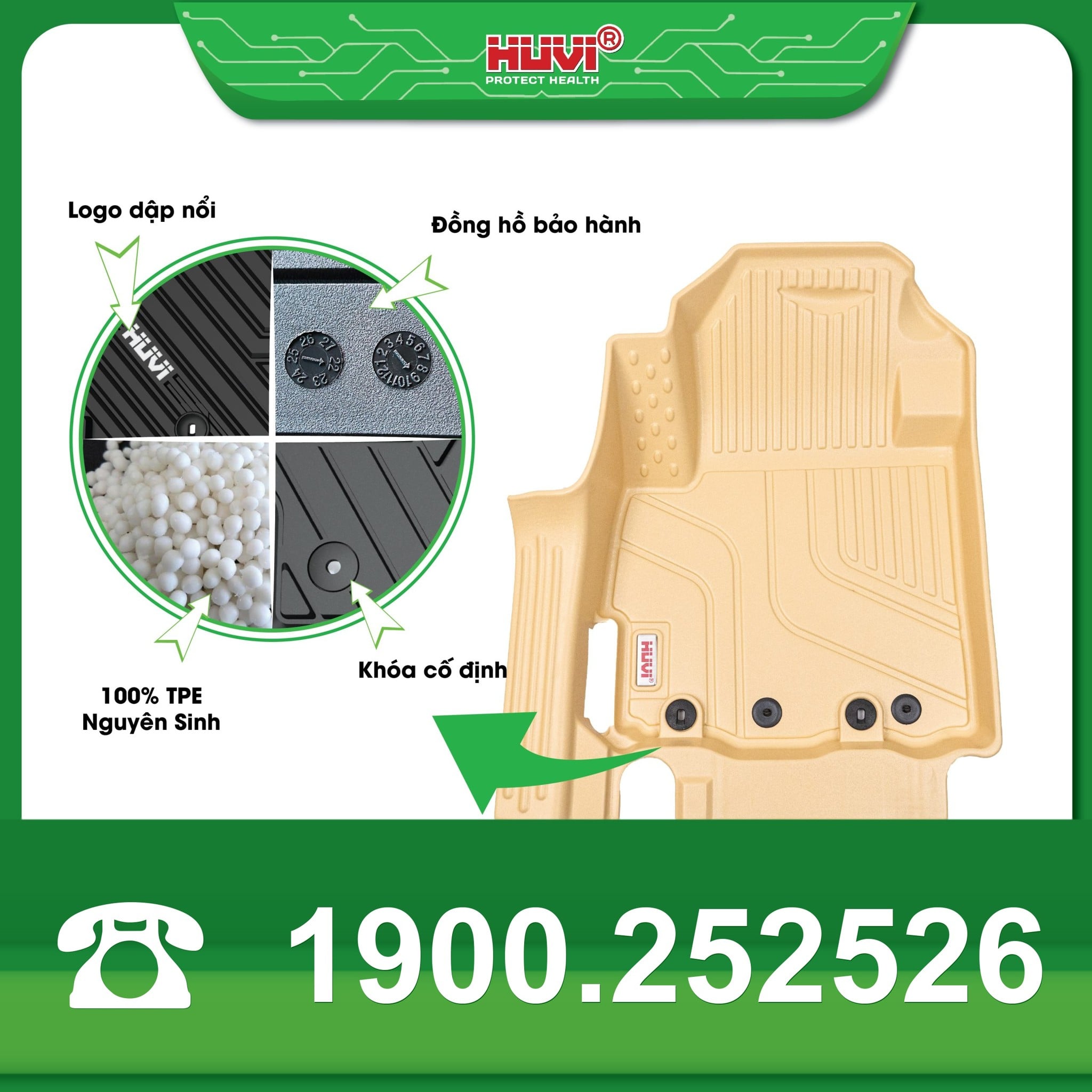 Chi tiết thảm Huvi Xforce màu be: logo dập nổi, đồng hồ bảo hành, khóa cố định, hạt TPE