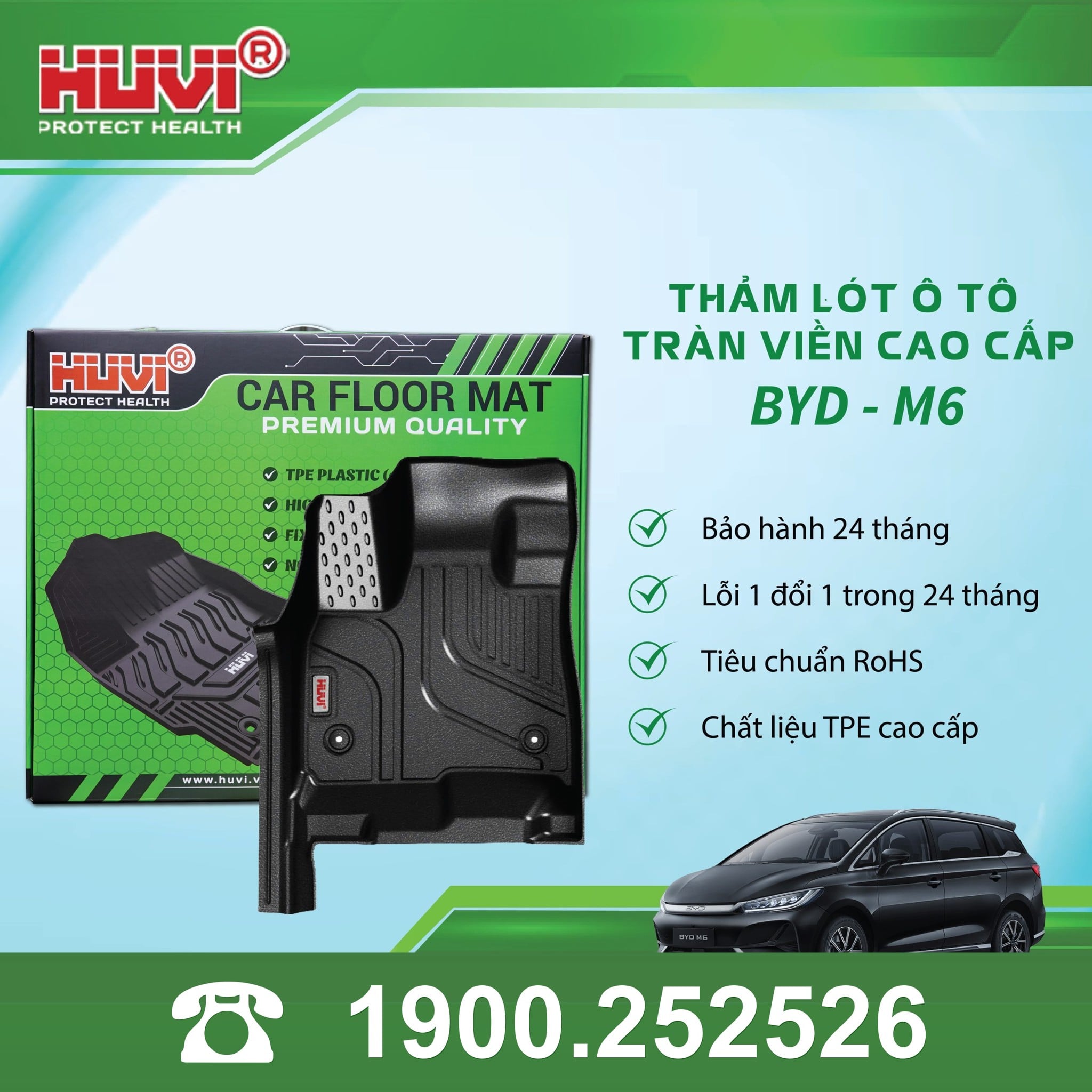 Thảm lót sàn ô tô Huvi BYD M6 2025 đúc khuôn TPE tràn viền bậc cửa
