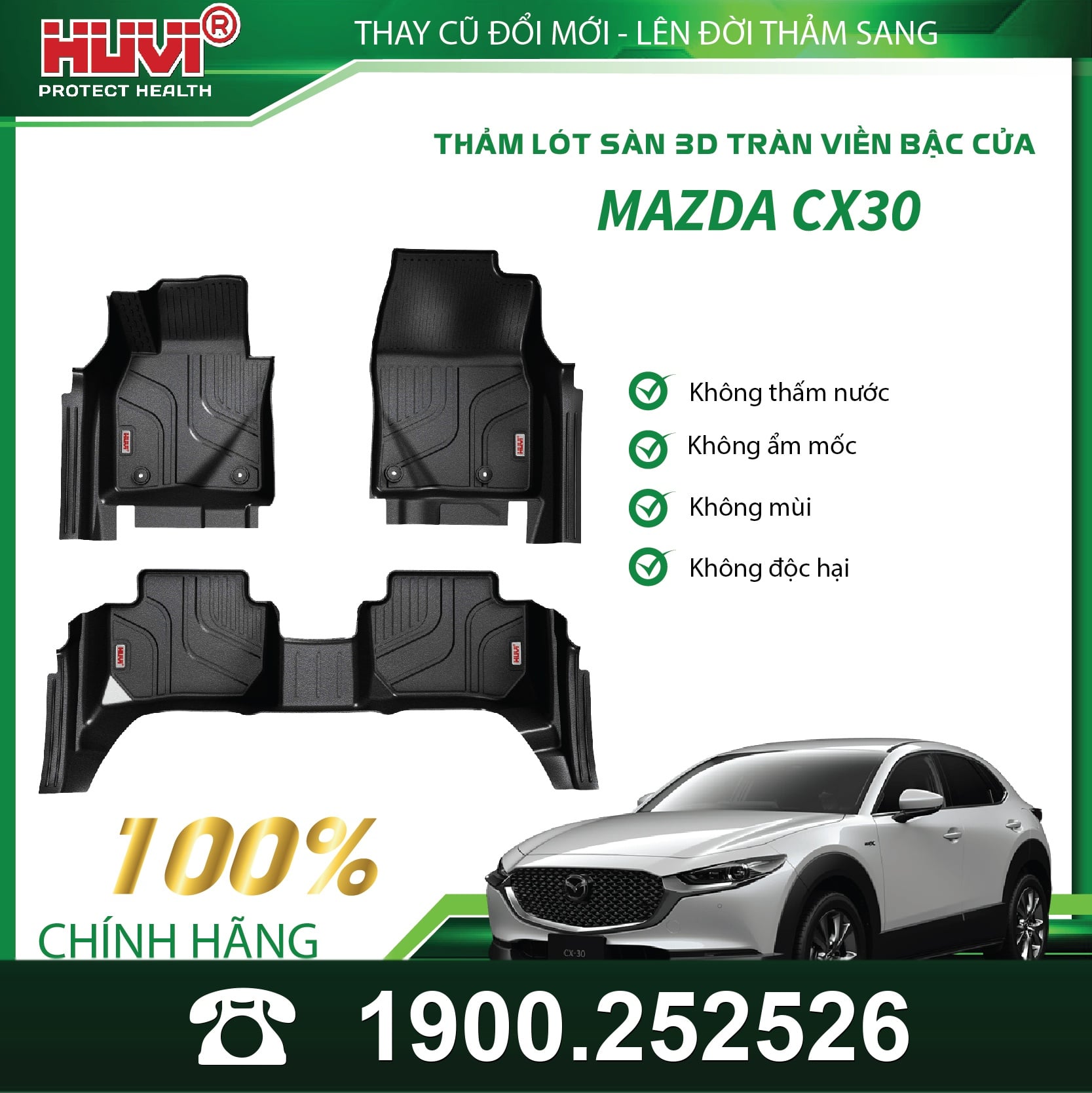Thảm lót sàn ô tô Huvi Mazda CX30 2021-2025 đúc khuôn TPE tràn viền bậc cửa