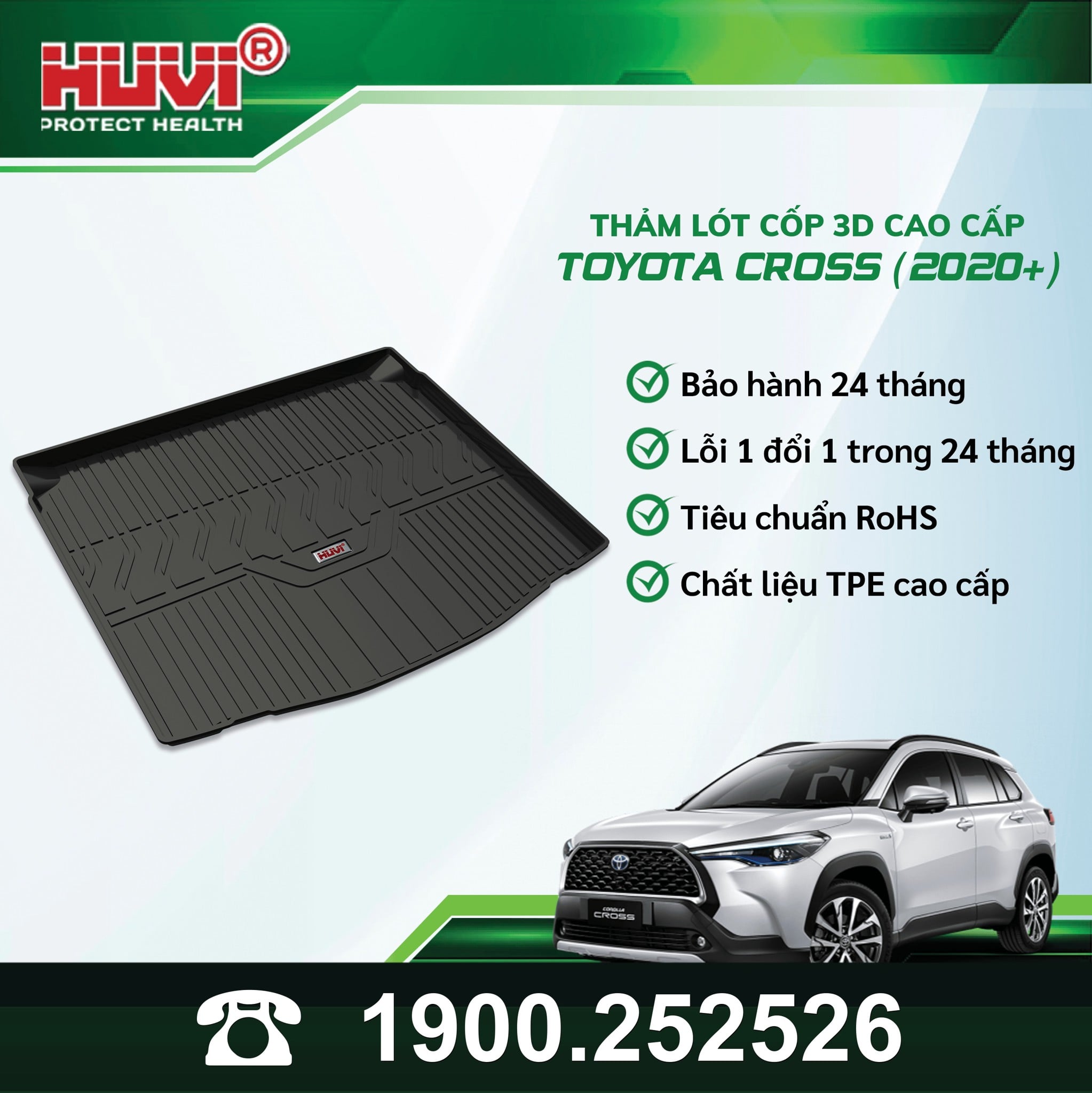 Poster Huvi lót cốp 3D Toyota Corolla Cross 2020+: bảo hành 24 tháng, chuẩn RoHS, chất liệu TPE