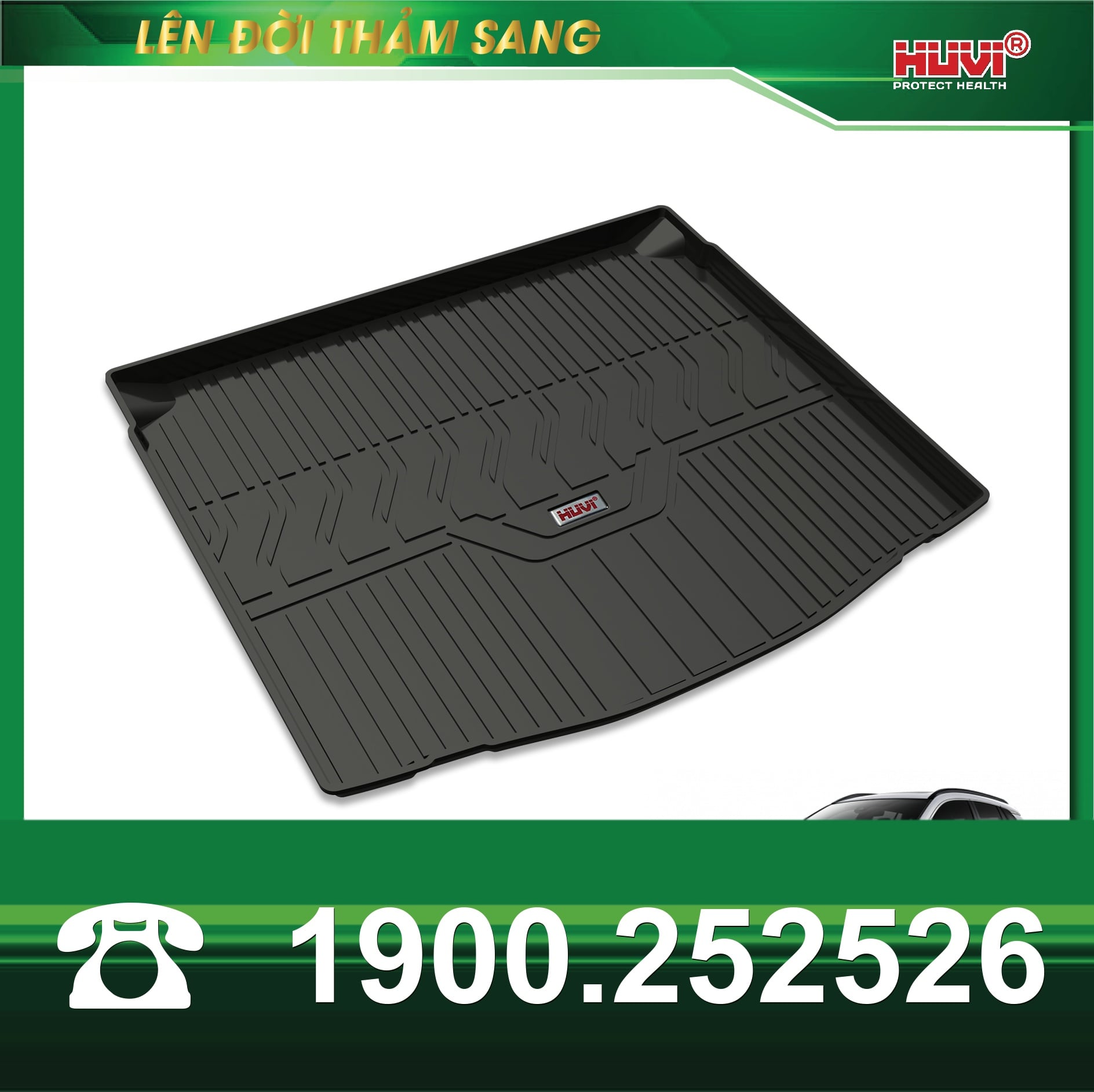 Lót cốp Huvi TPE cho Corolla Cross: vách dựng quanh mép, mặt rãnh và logo Huvi ở giữa