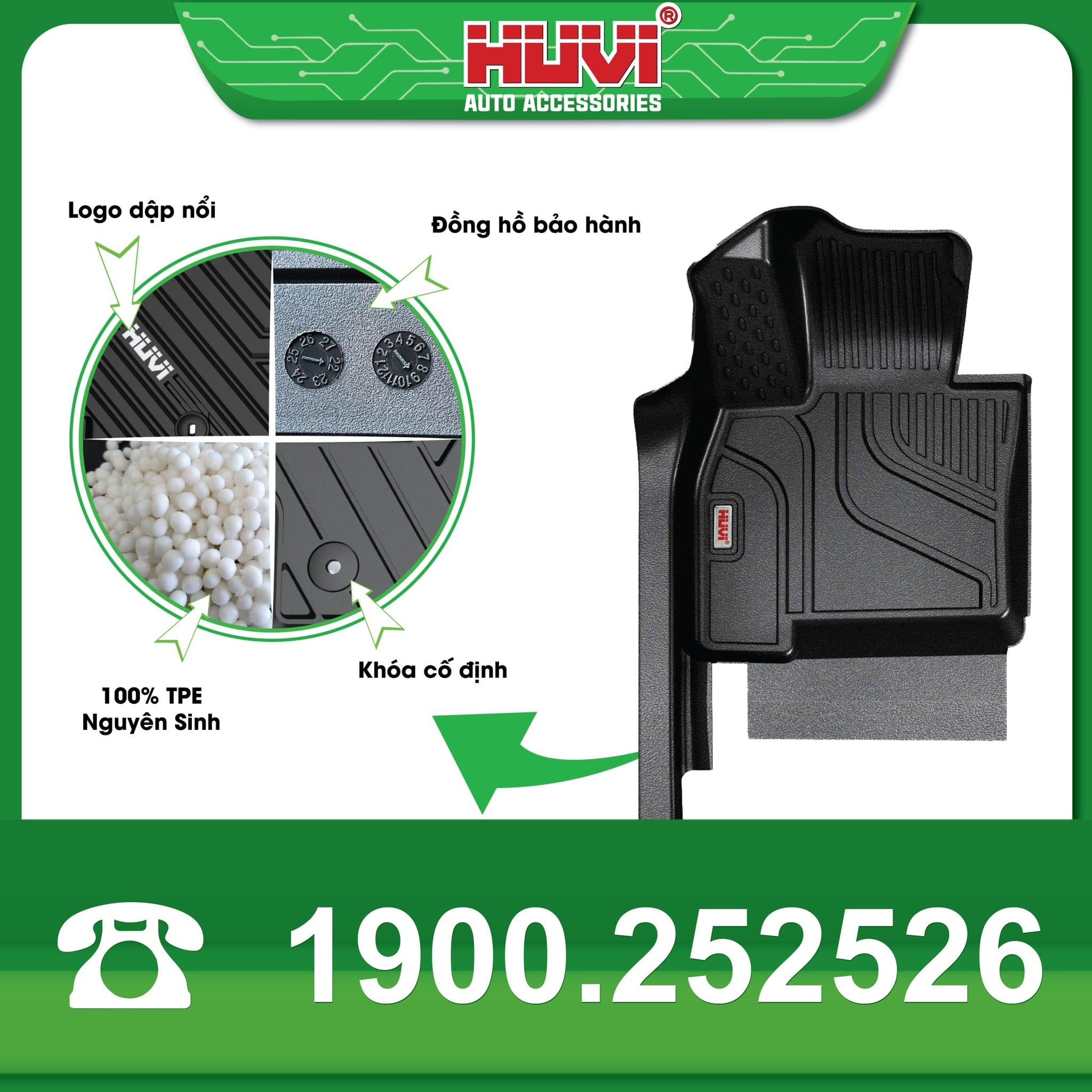 Chi tiết thảm Huvi Jaecoo J7: logo dập nổi, đồng hồ bảo hành, khóa cố định, hạt TPE nguyên sinh