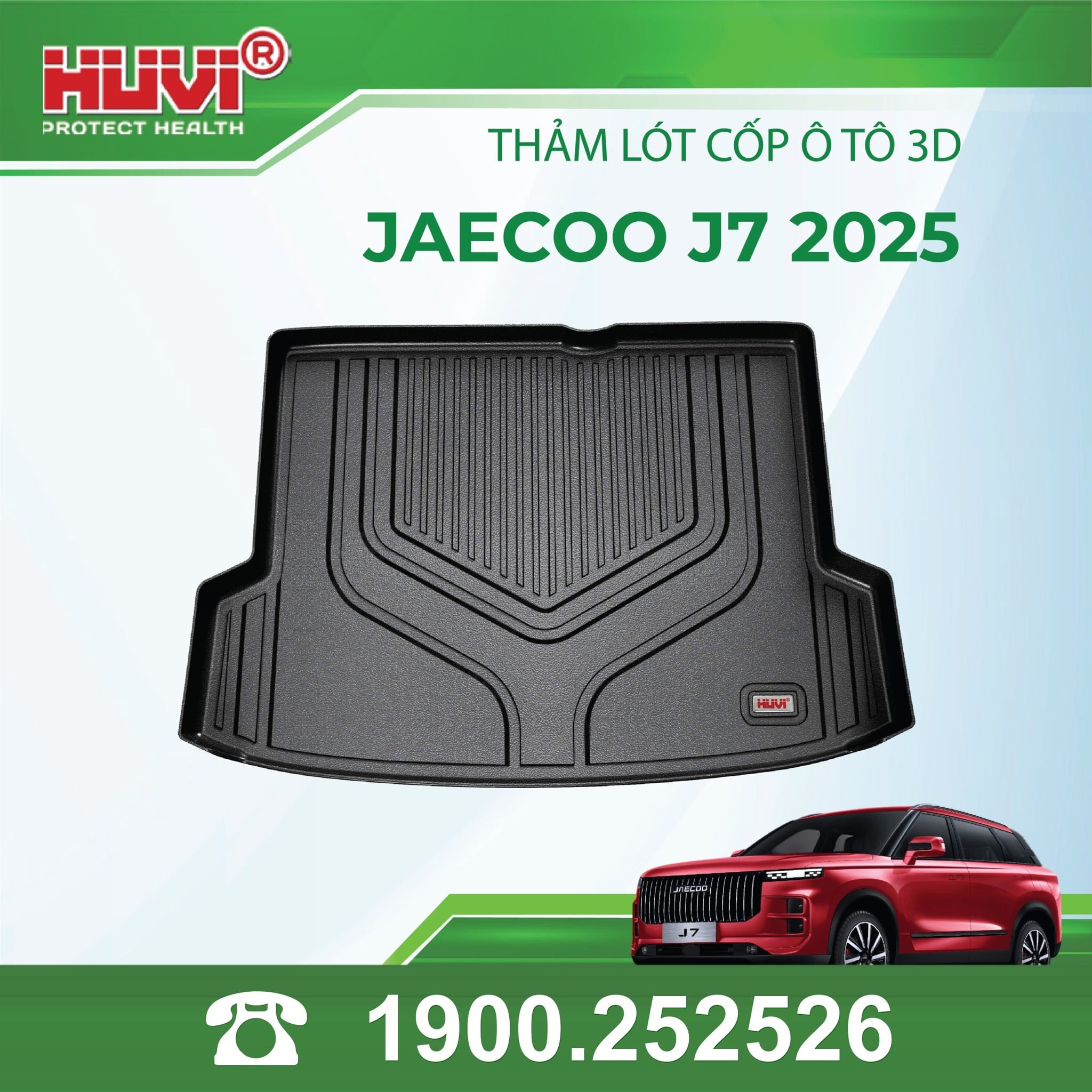 Lót cốp Huvi Jaecoo J7 2025: 1 tấm TPE đúc nguyên khối có gờ viền quanh khoang hành lý
