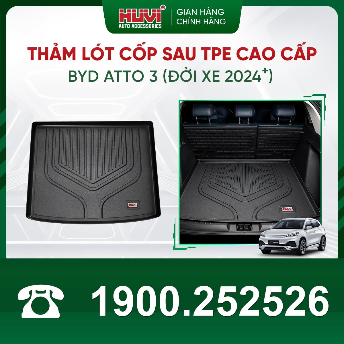 Thảm lót cốp sau TPE Huvi cho BYD Atto 3 đời xe 2024+, ảnh lắp thực tế trong cốp