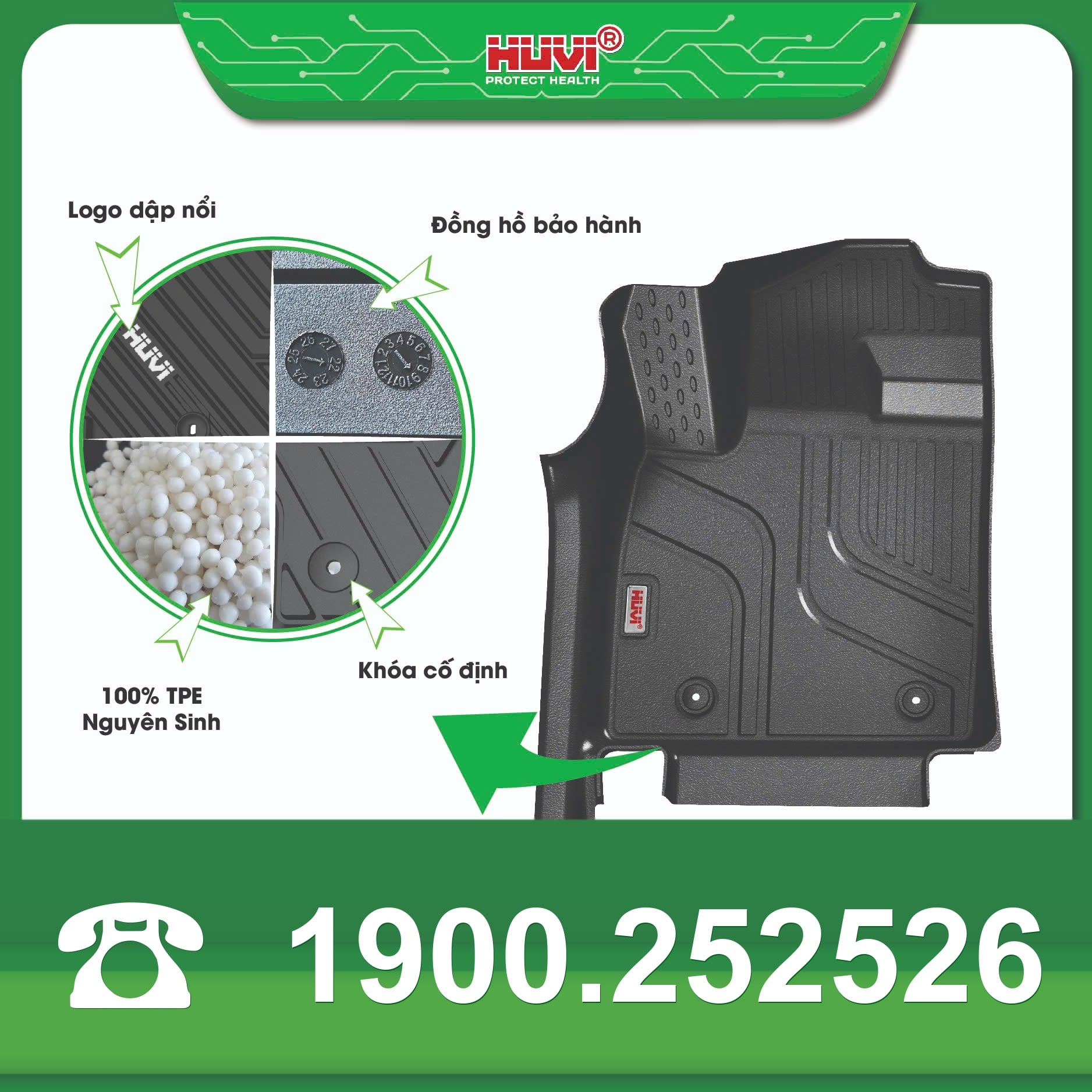 Chi tiết thảm Huvi Atto 3: logo dập nổi, đồng hồ bảo hành, hạt TPE và khóa cố định