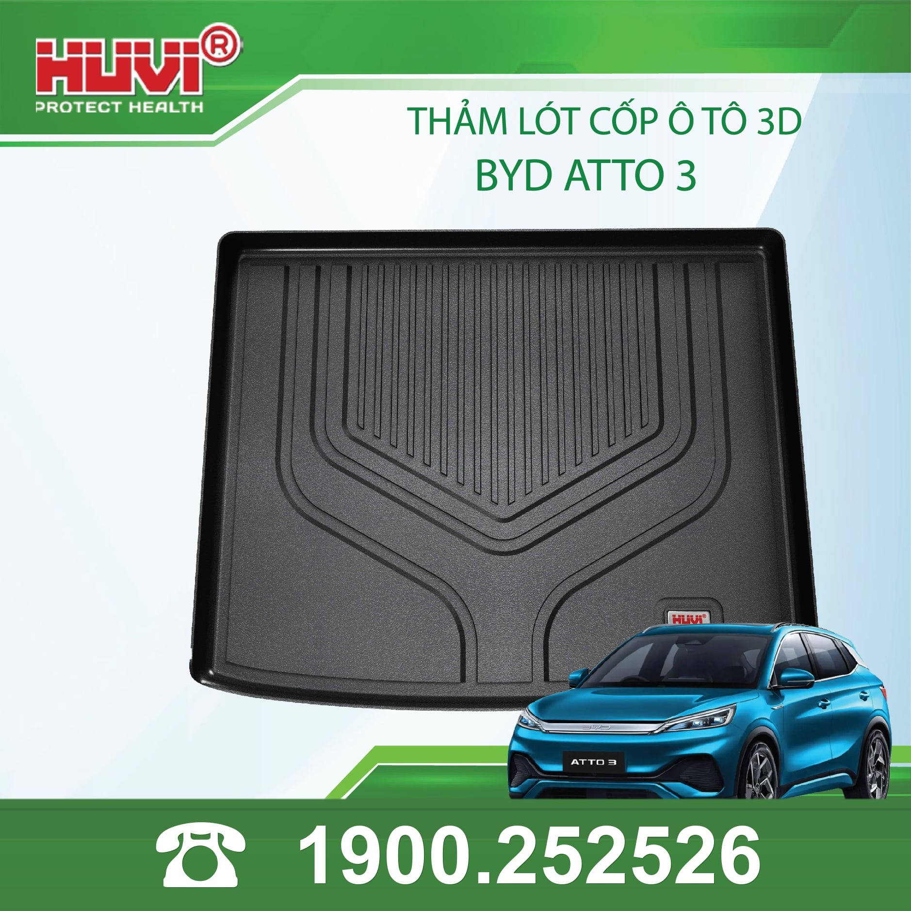 Thảm lót cốp 3D Huvi BYD Atto 3, vân rãnh giữ đồ không trượt