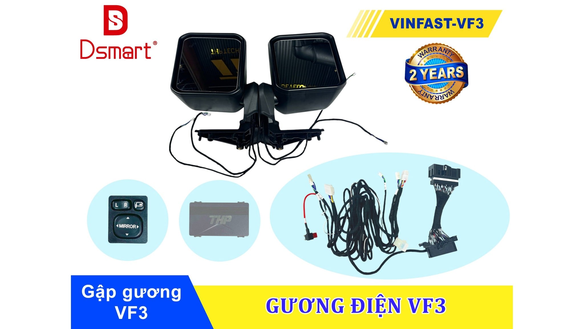 Bộ gương điện VinFast VF3 THP bản thường: đôi gương, công tắc MIRROR, modul và dây giắc