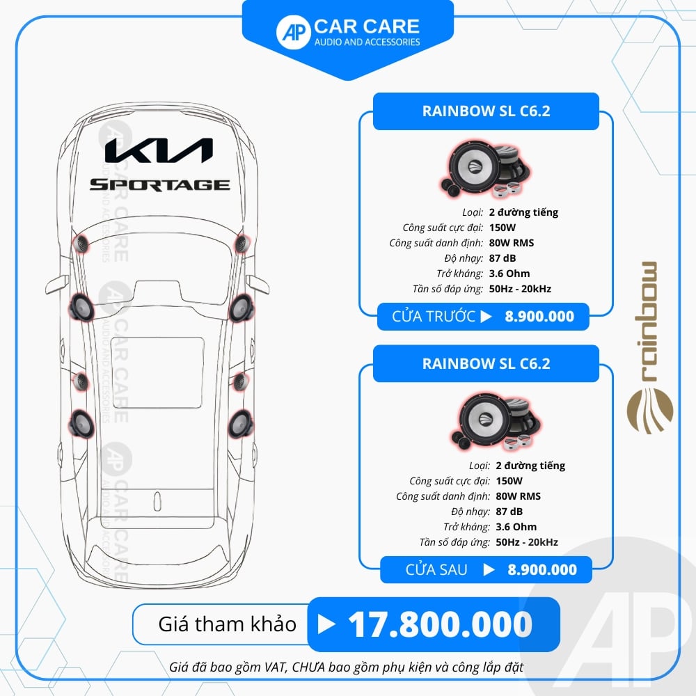 Rainbow SL C6.2 trước và sau cho Kia Sportage Signature X-Line 8 loa