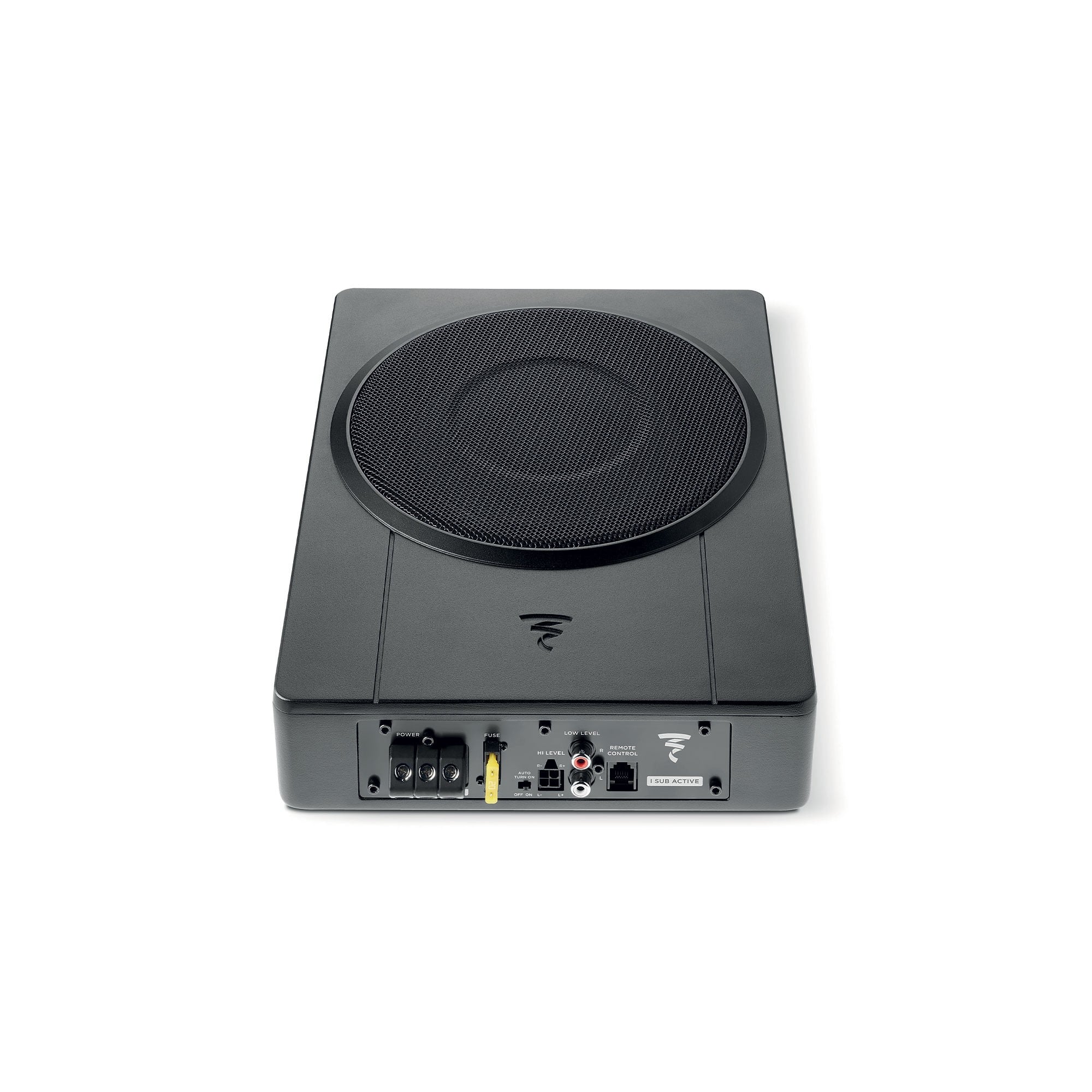 Sub điện Focal Isub Active 8 inch, mặt máy có cổng nguồn và tín hiệu, gợi ý lắp gầm ghế trước Hyundai Accent