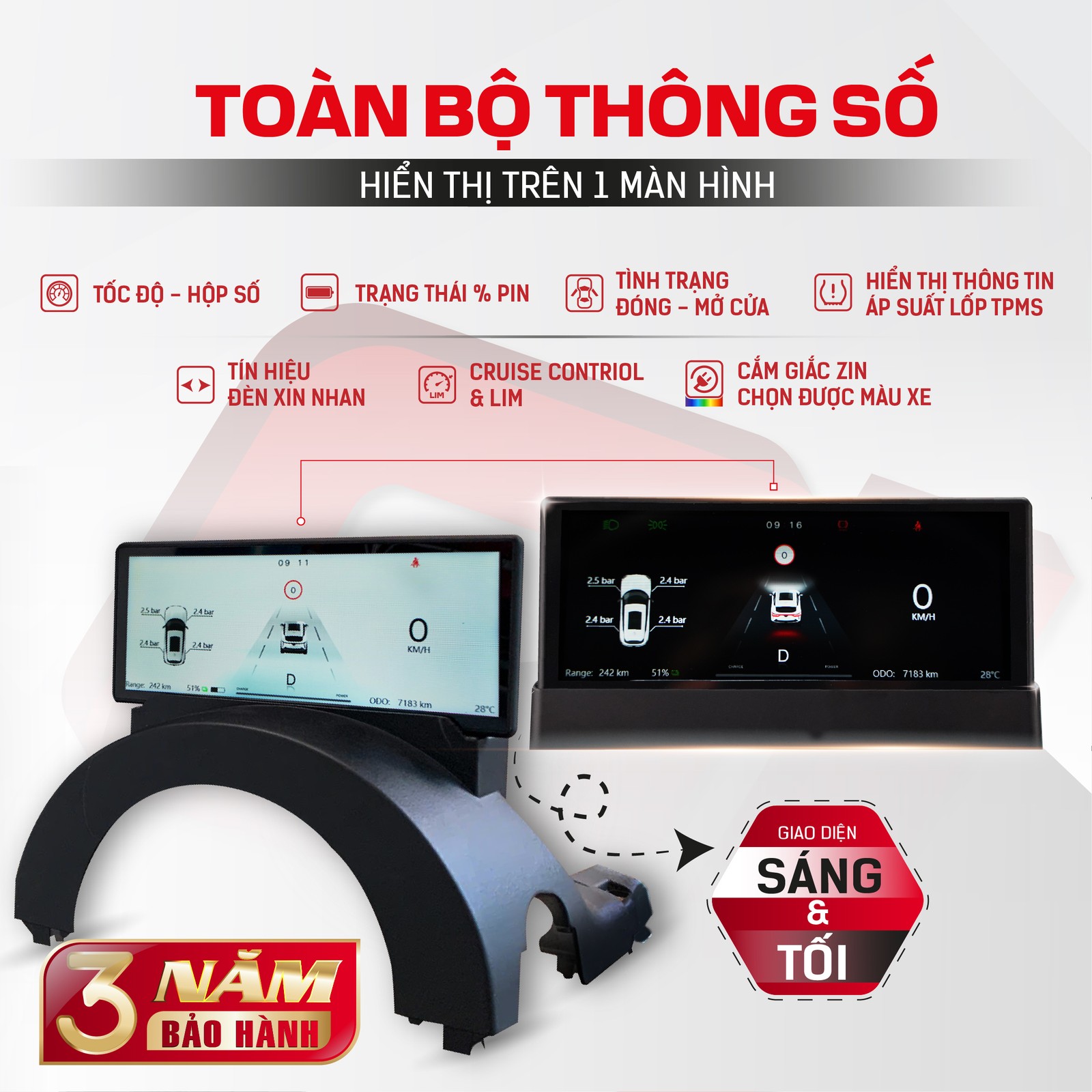 Màn IPC MCD91 hiển thị tốc độ, số, pin, cửa và áp suất lốp TPMS cho VF6, VF7
