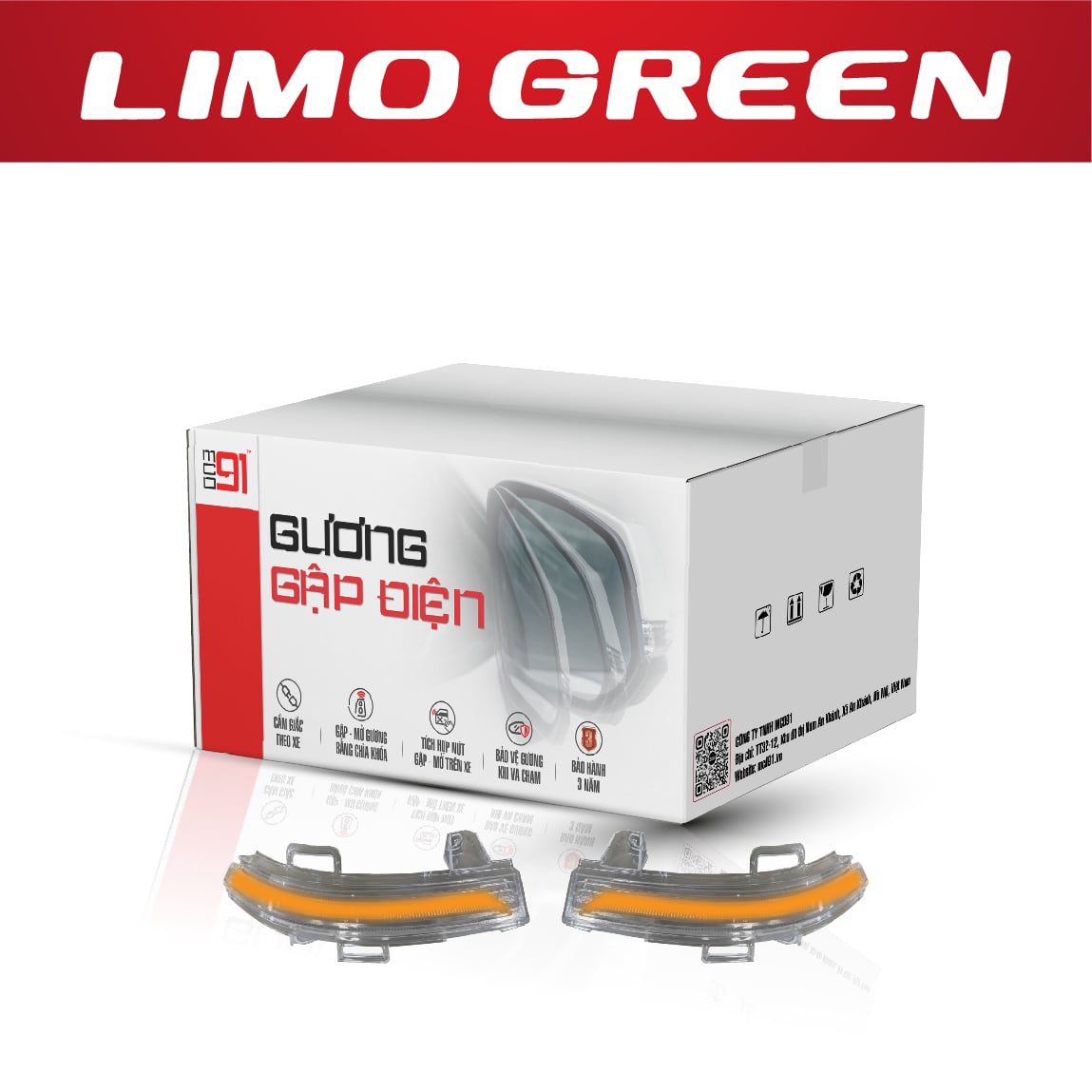 Hộp gập gương điện MCD91 bản LED xi nhan kèm 2 dải LED vàng cho Limo Green
