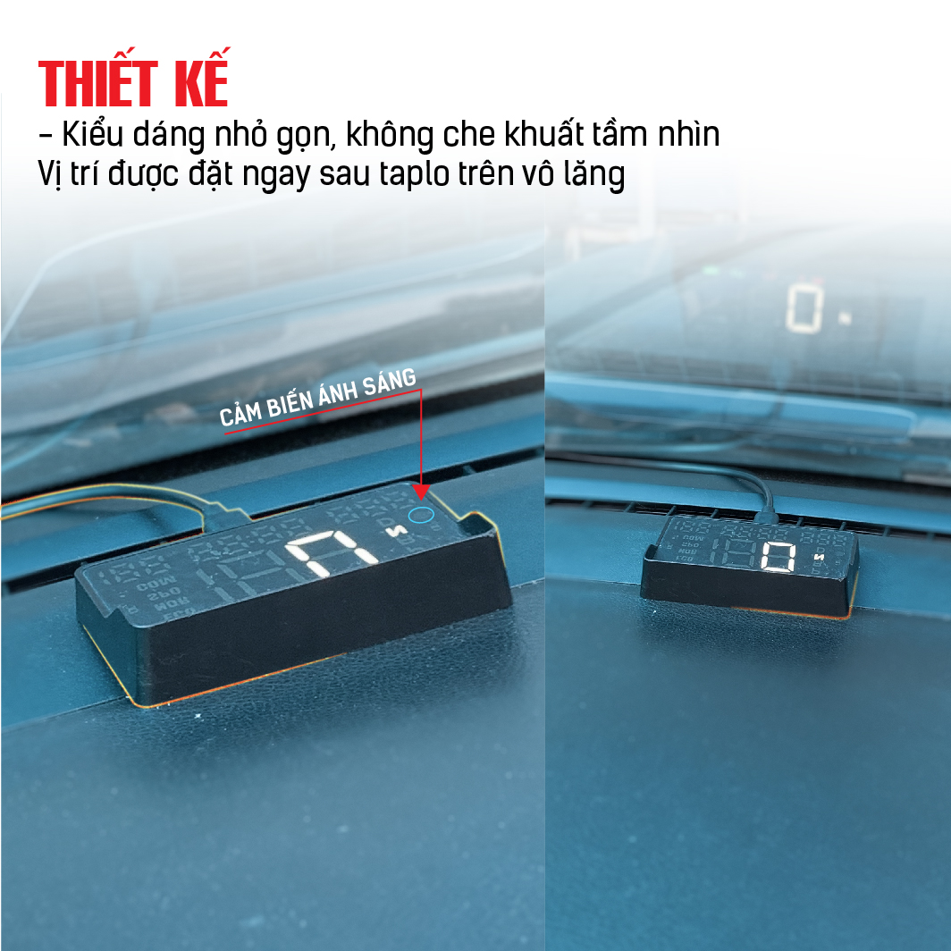 Thân HUD MCD91 có cảm biến ánh sáng, minh hoạ vị trí đặt sau taplo VF5, VF6, VF7
