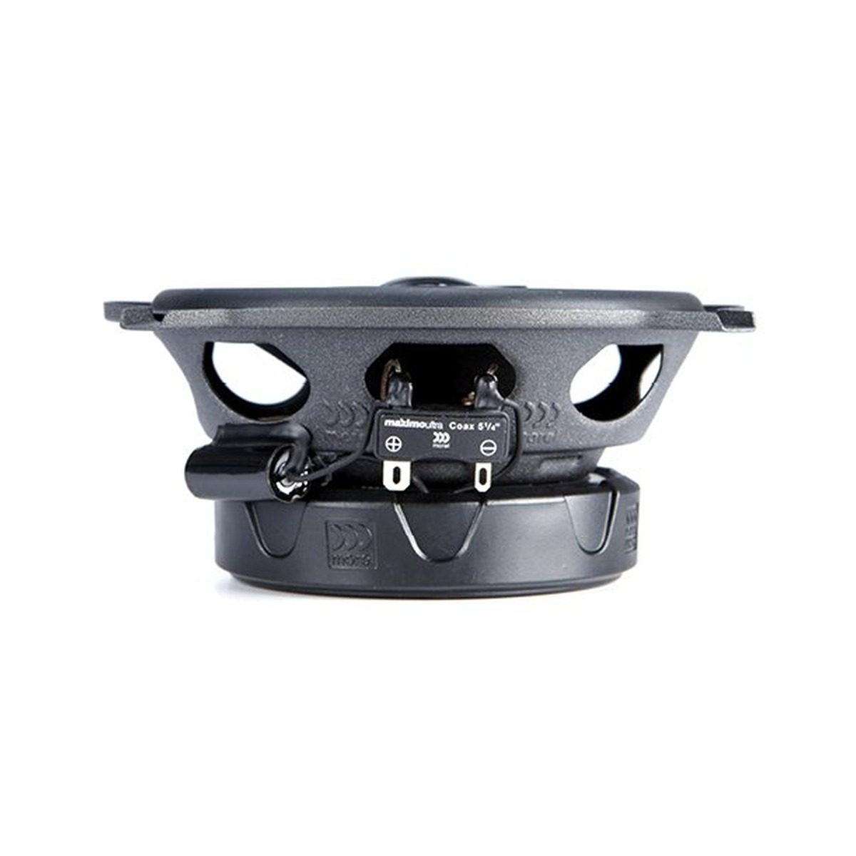 Mặt bên loa Morel Maximo Ultra Coax 602 MKII thể hiện rổ loa và cọc đấu dây
