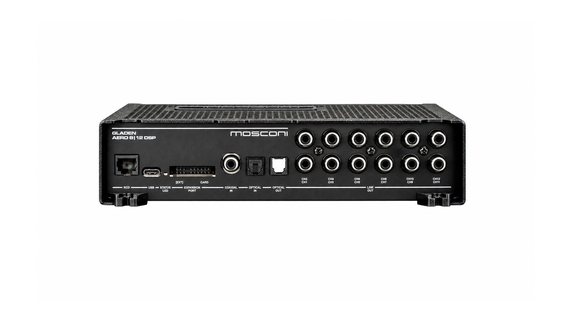 Mặt 12 cổng output Mosconi AERO 8|12 DSP trên nền đen