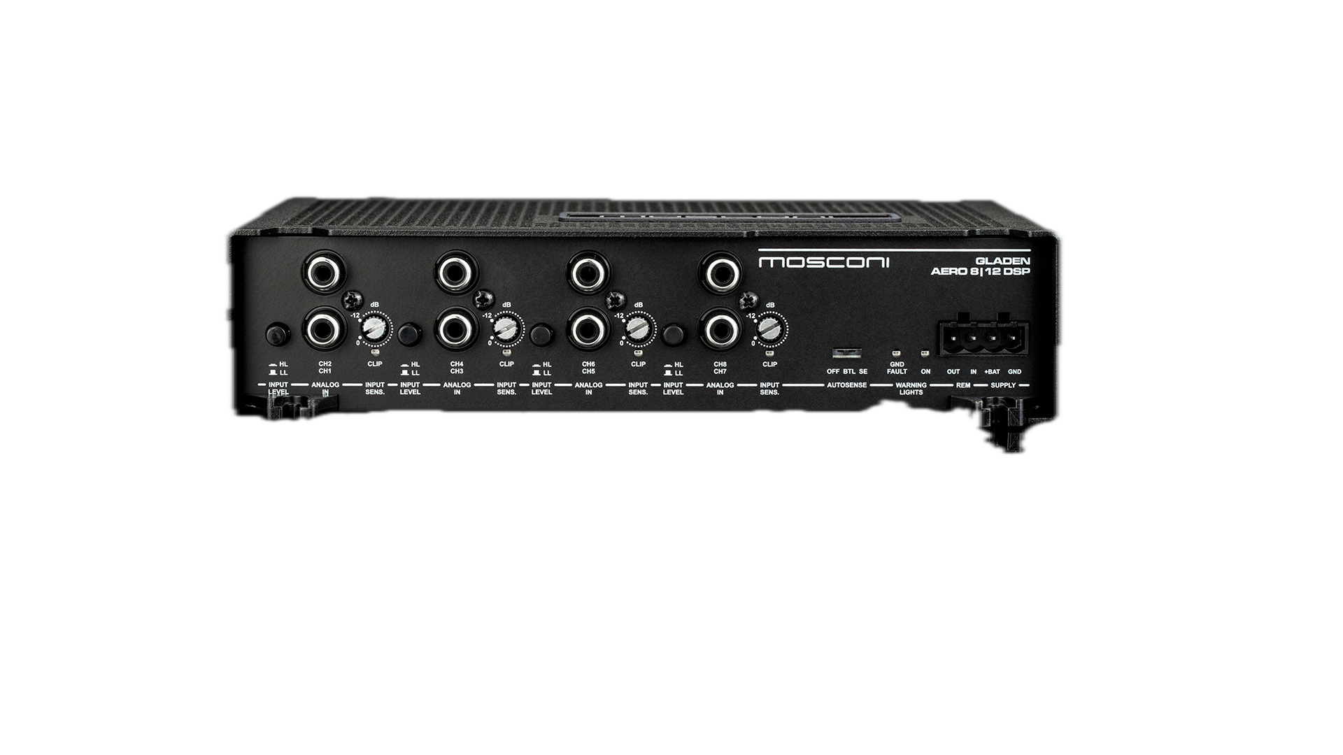 Mặt 8 cổng input Mosconi AERO 8|12 DSP trên nền đen