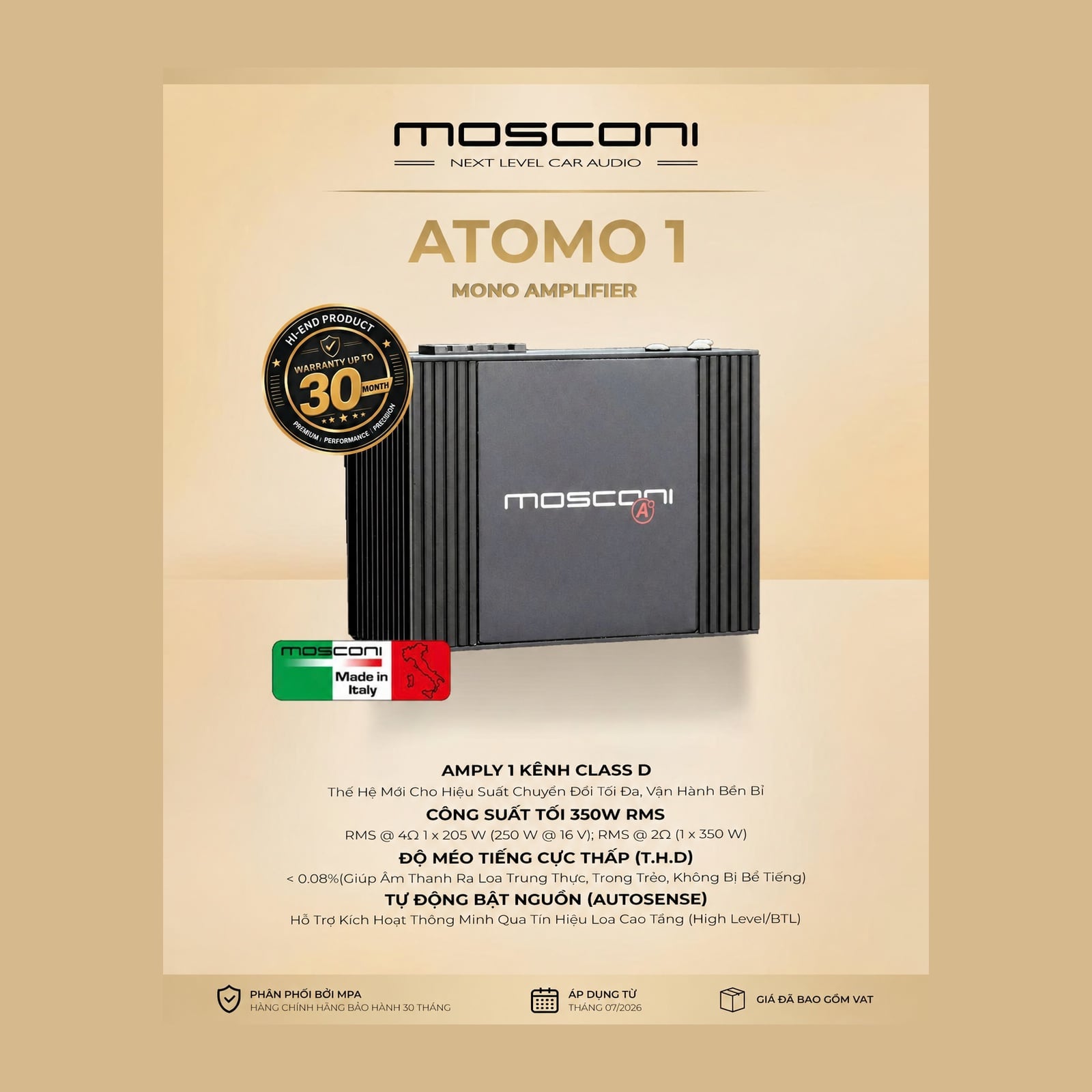 Phiếu thông tin Mosconi ATOMO 1 với công suất RMS, xuất xứ và bảo hành 30 tháng