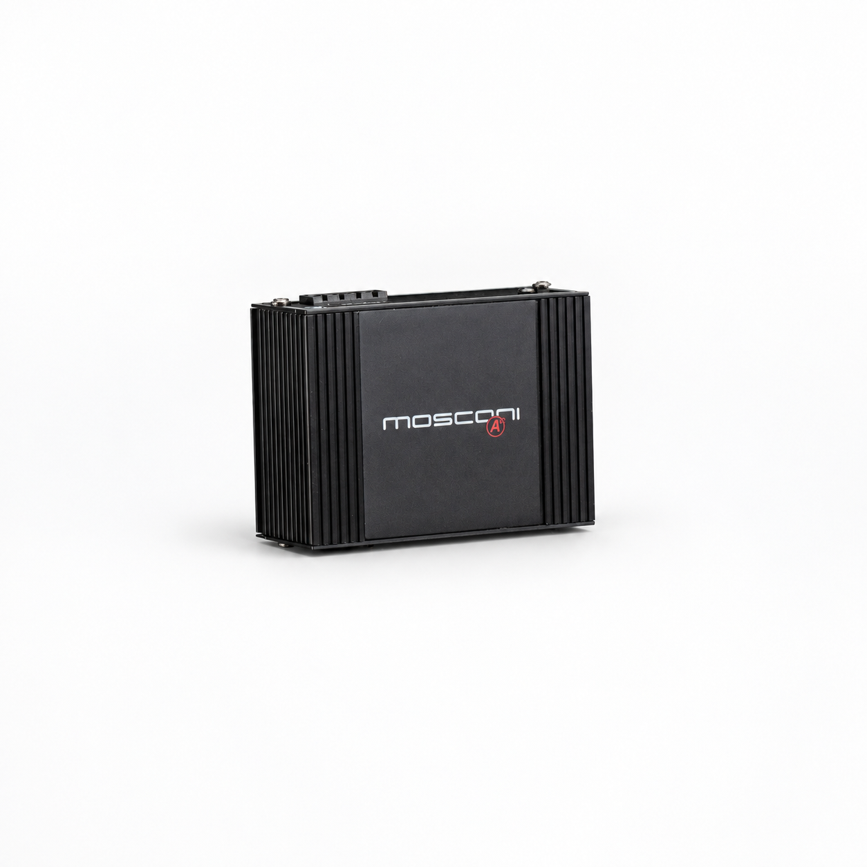 Mặt trên Amply Mosconi ATOMO 1 với vỏ nhôm đen và logo Mosconi