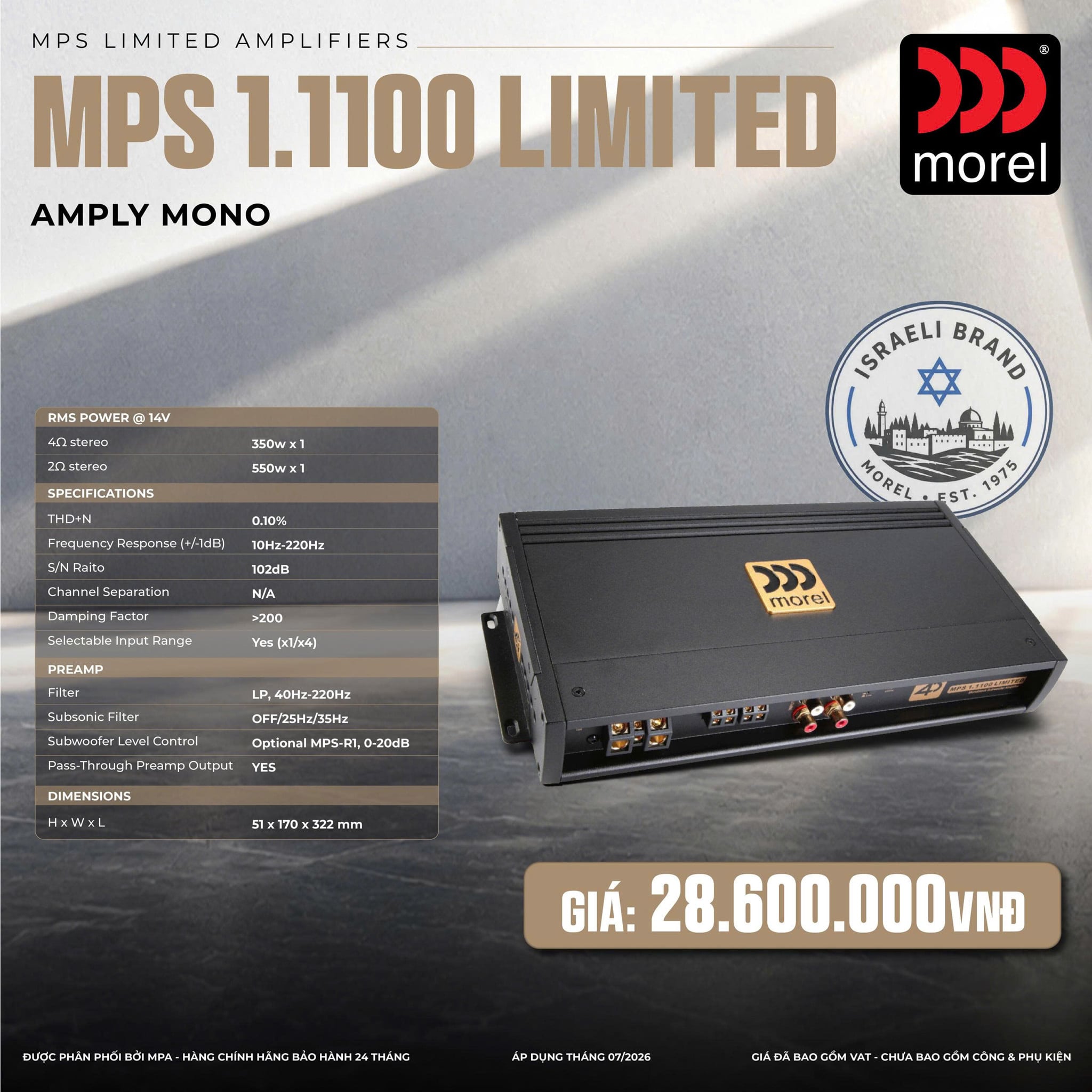 Amply Mono Ô Tô Morel MPS 1.1100 Limited 1100W RMS 2 Ohm