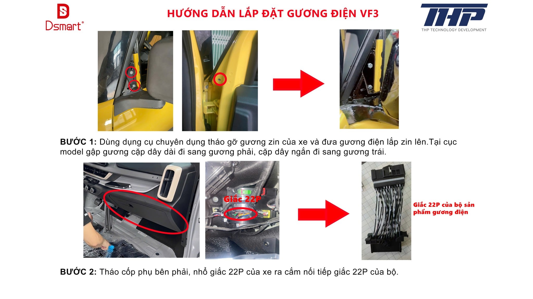 Hướng dẫn lắp gương điện VF3 bước 1–2: tháo gương zin và cắm giắc 22 chân sau cốp phụ