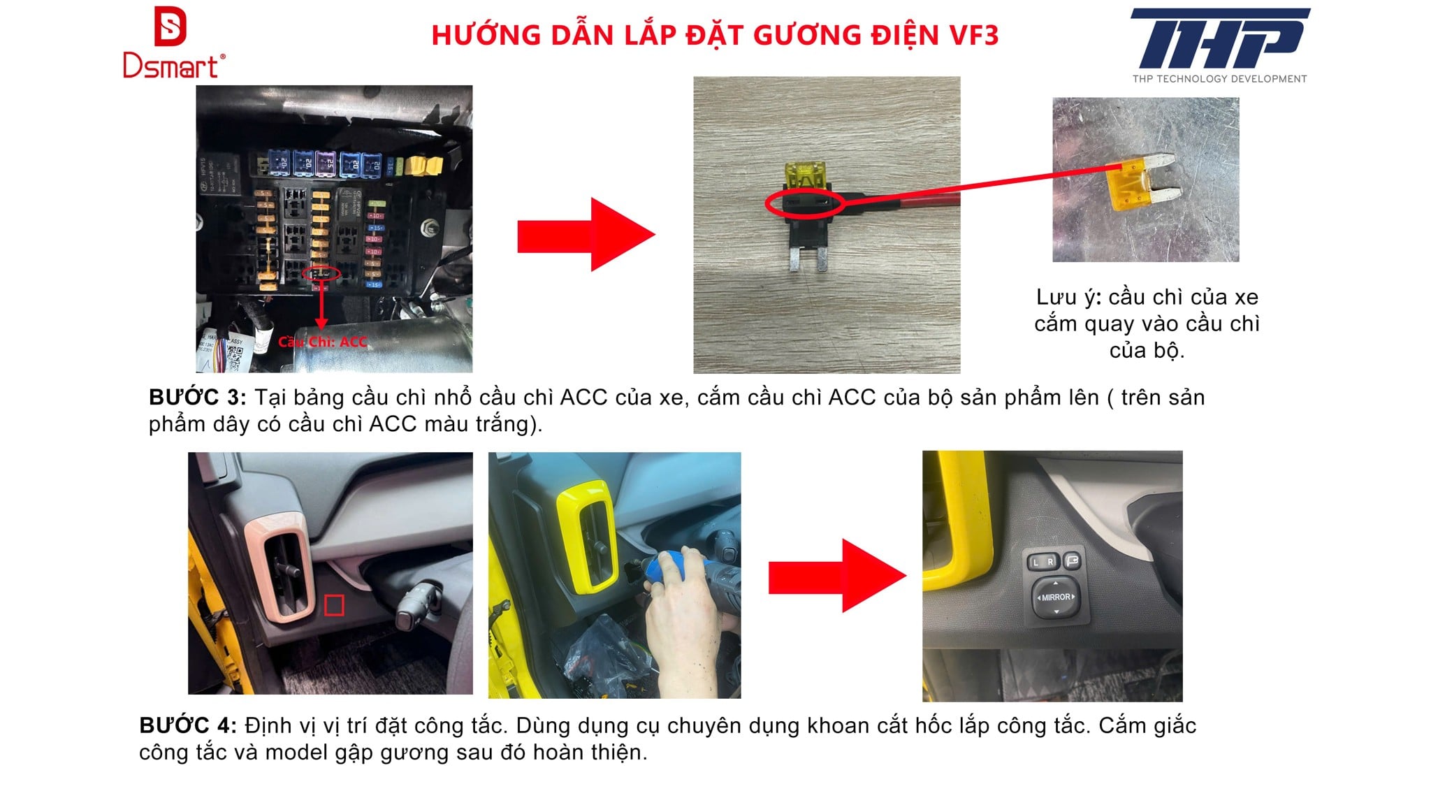 Hướng dẫn lắp gương điện VF3 bước 3–4: cầu chì ACC và hốc công tắc trên táp-lô
