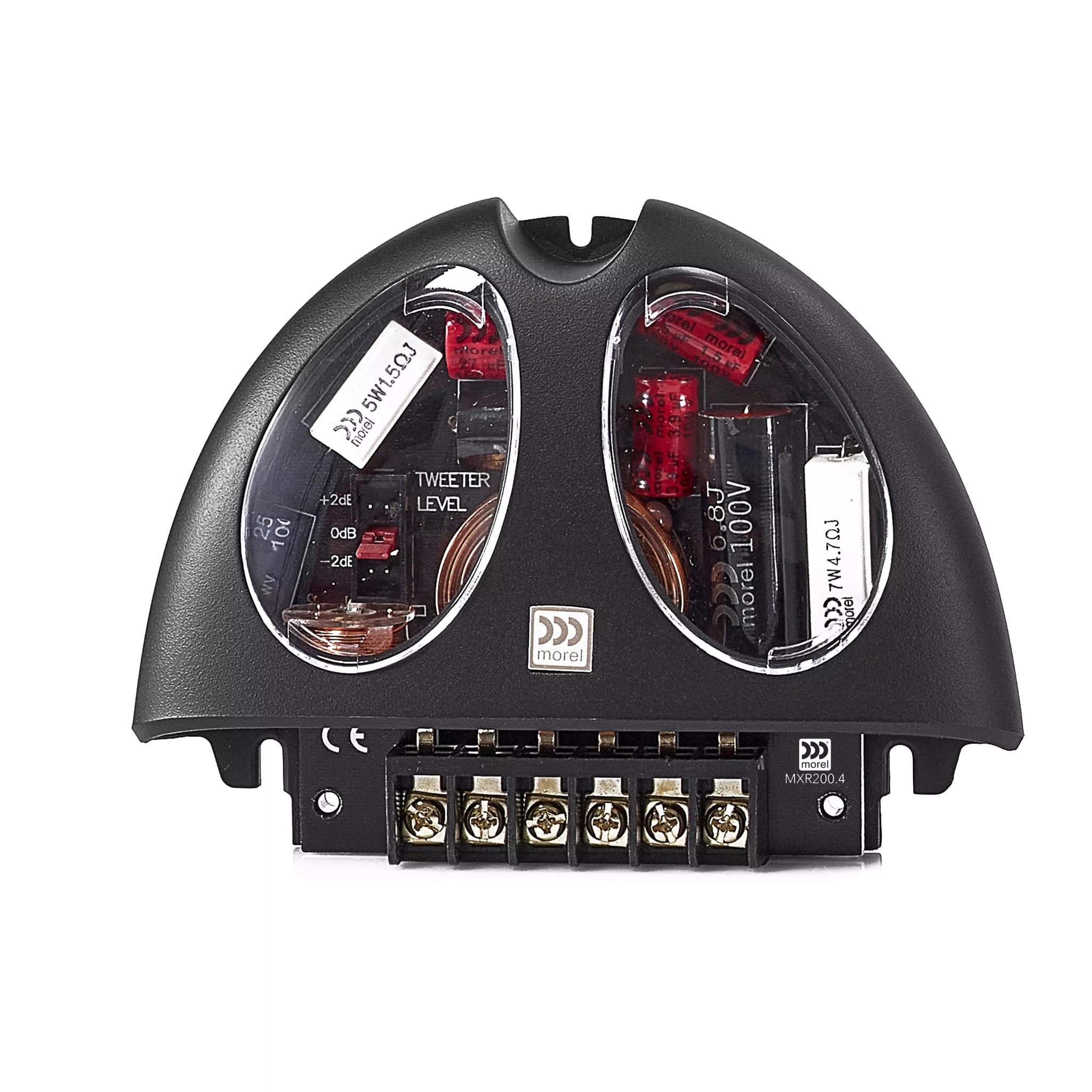 Phân tần thụ động Morel MXR200.4 đi kèm bộ Virtus Nano Carbon 42, có jumper chỉnh mức tweeter
