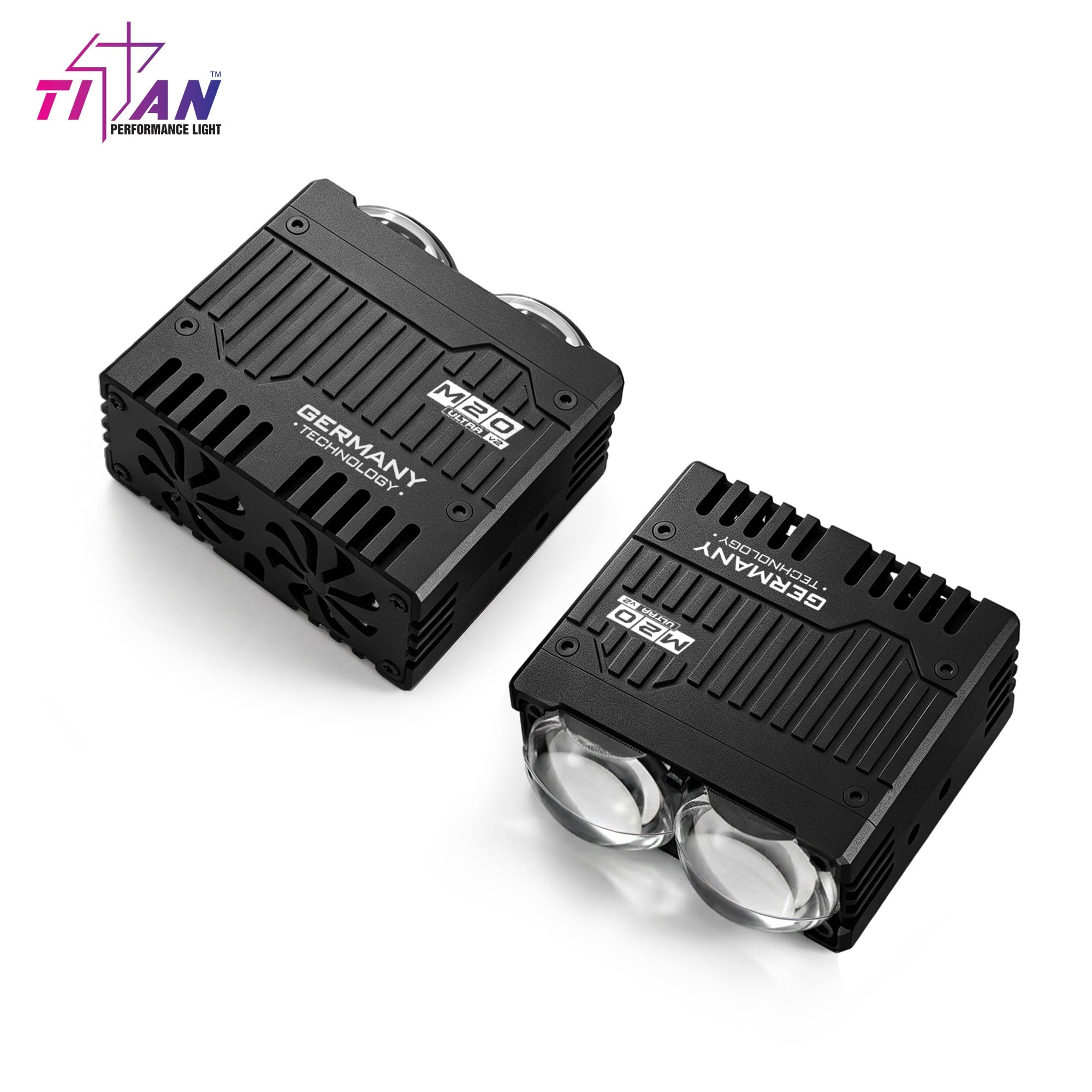 Cặp đèn trợ sáng Titan M20 Ultra V2 thân nhôm đen, 2 thấu kính liền khối mỗi đèn
