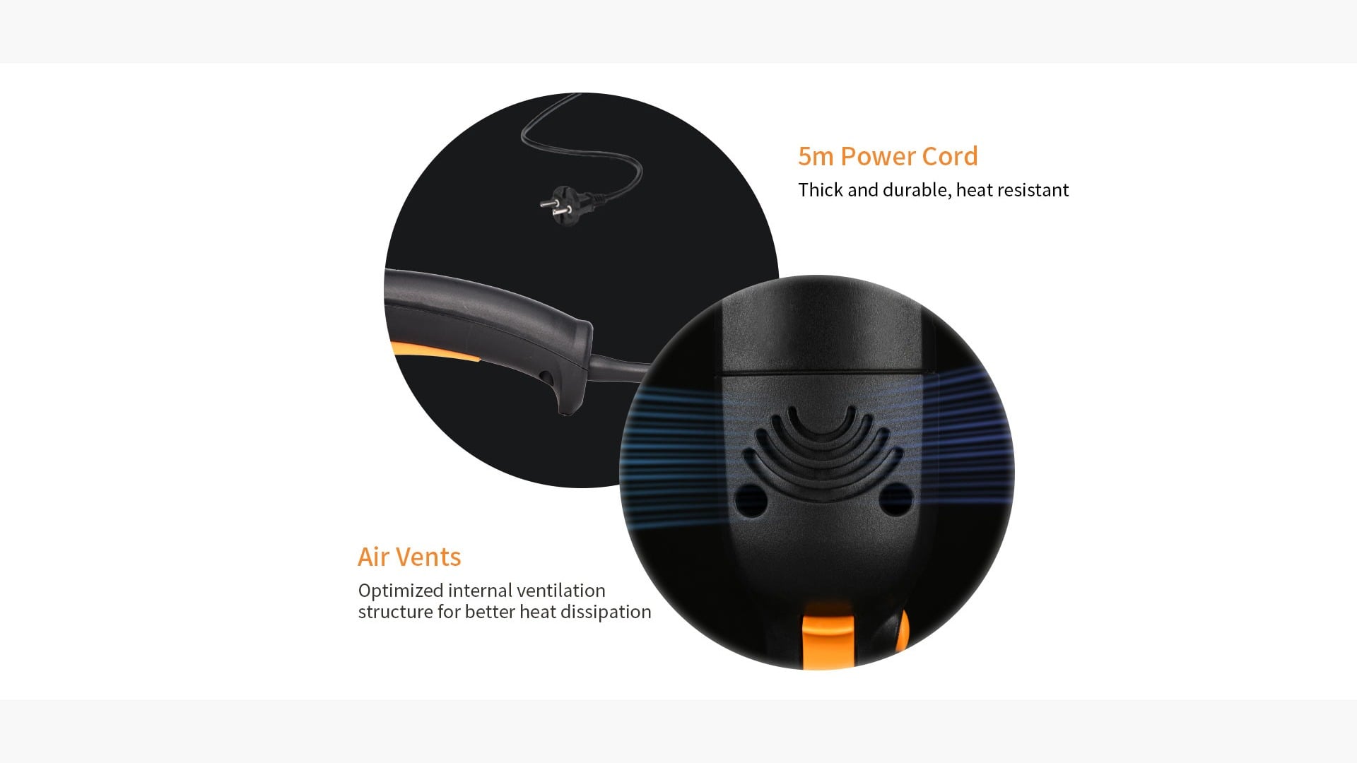 Dây nguồn 5m bền chịu nhiệt và khe thoát gió của máy Shine Mate EX610