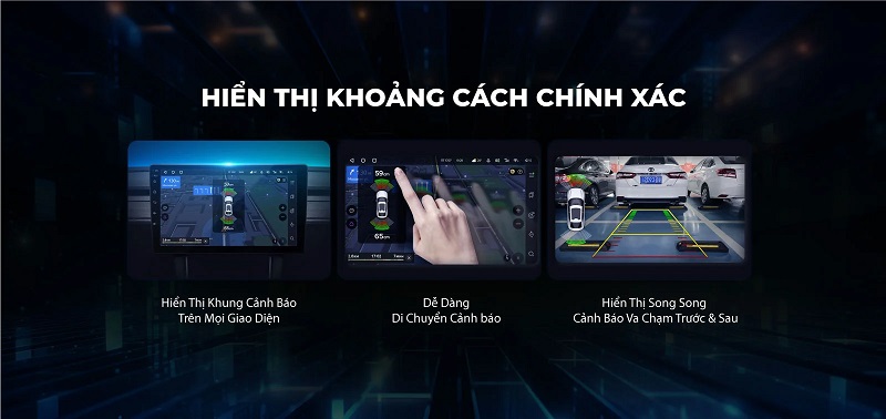 Màn hình TEYES hiển thị khung cảnh báo khoảng cách va chạm trước và sau