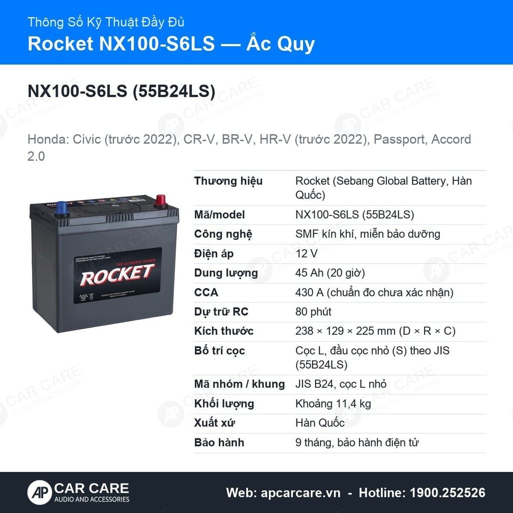 Ắc Quy Ô Tô Rocket NX100-S6LS (55B24LS) 45Ah